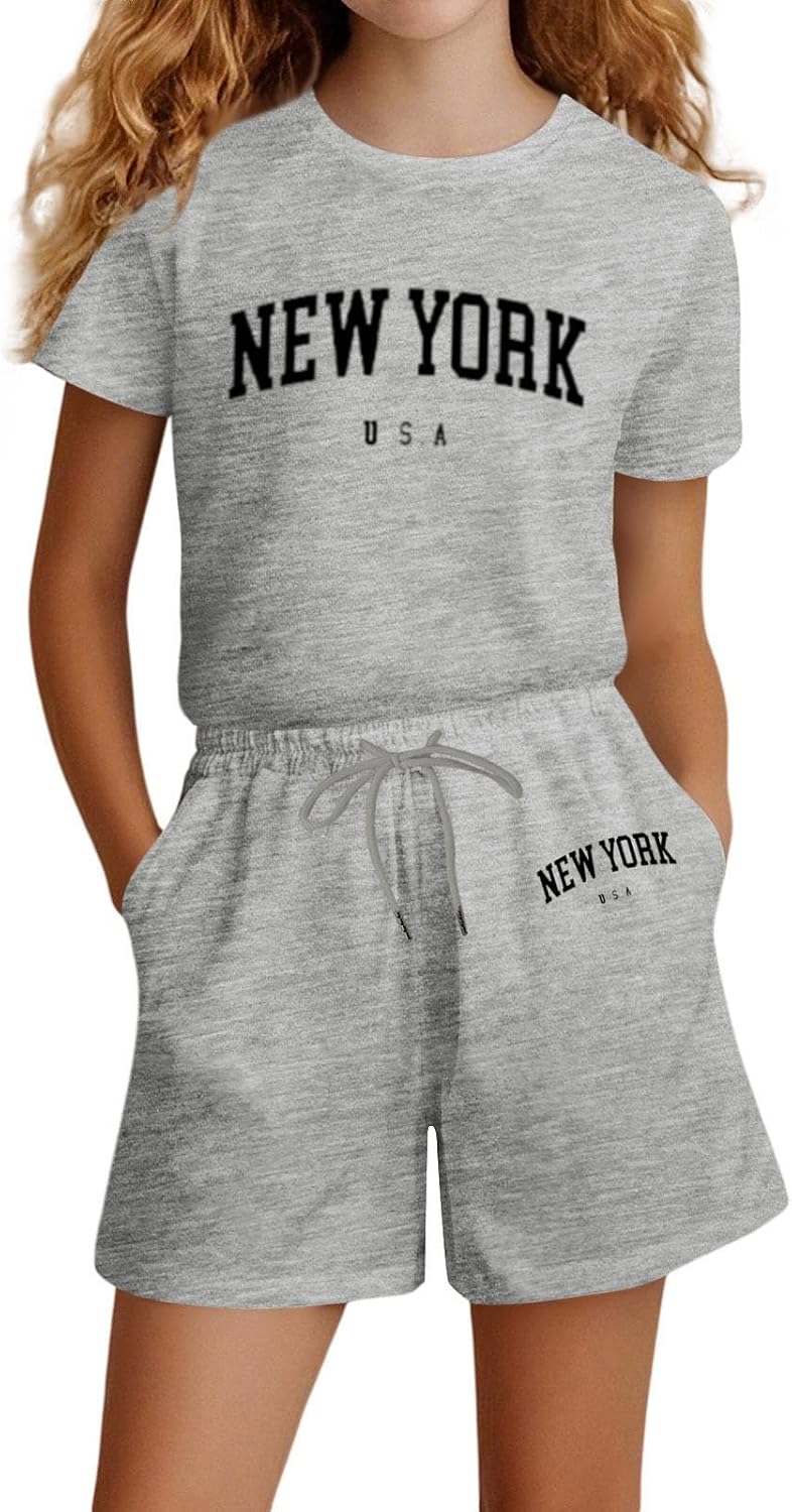 Girls Cute Letter Graphic T Shirt and Shorts 2 Piece Summer Outfit Sweatsuit Toddler Kids Preppy Tracksuit 4-14 Years