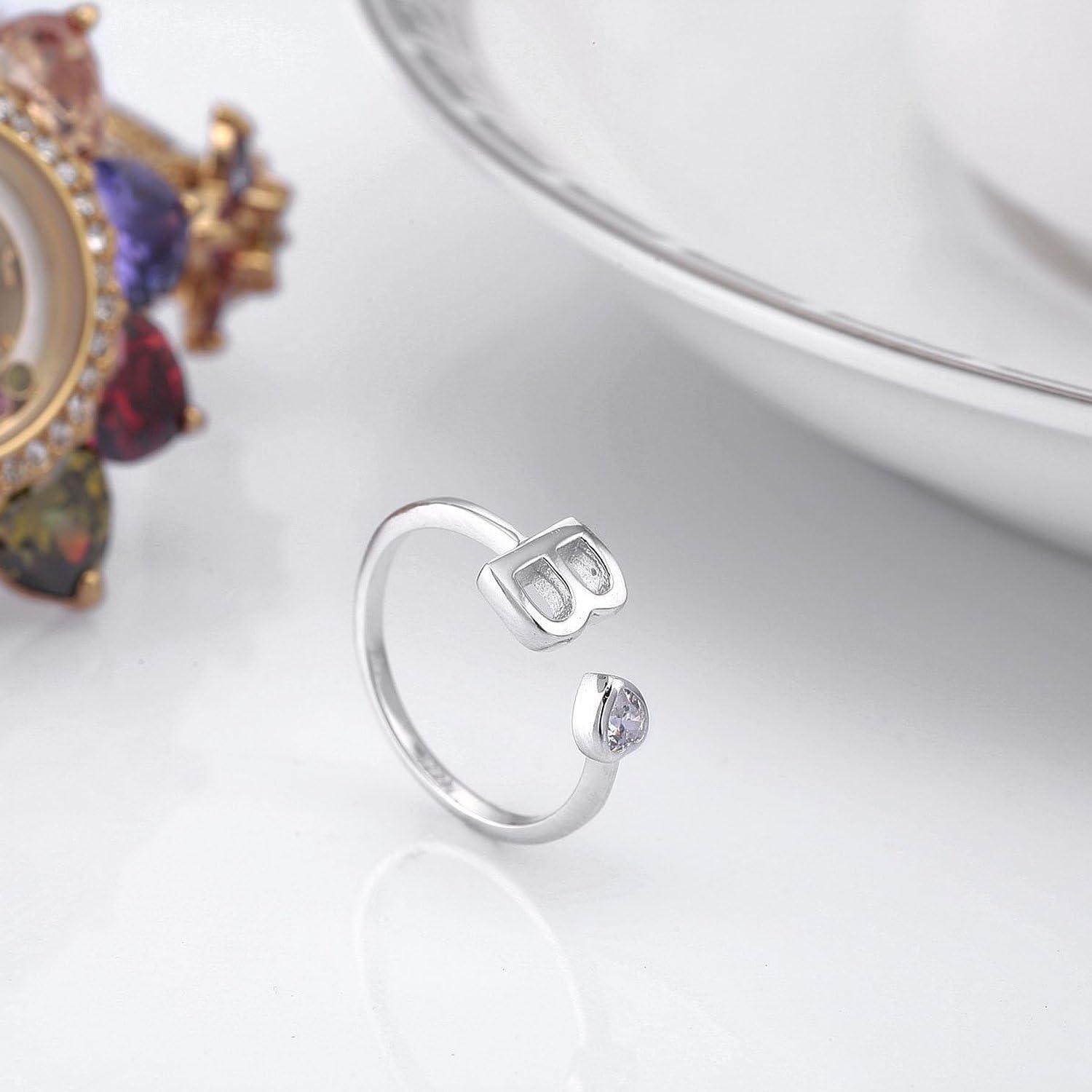 VIKI LYNN 925 Sterling Silver Rings Size 4.5 Adjustable Initial Letter Ring with Cubic Zirconia-Personalized Gifts for Women