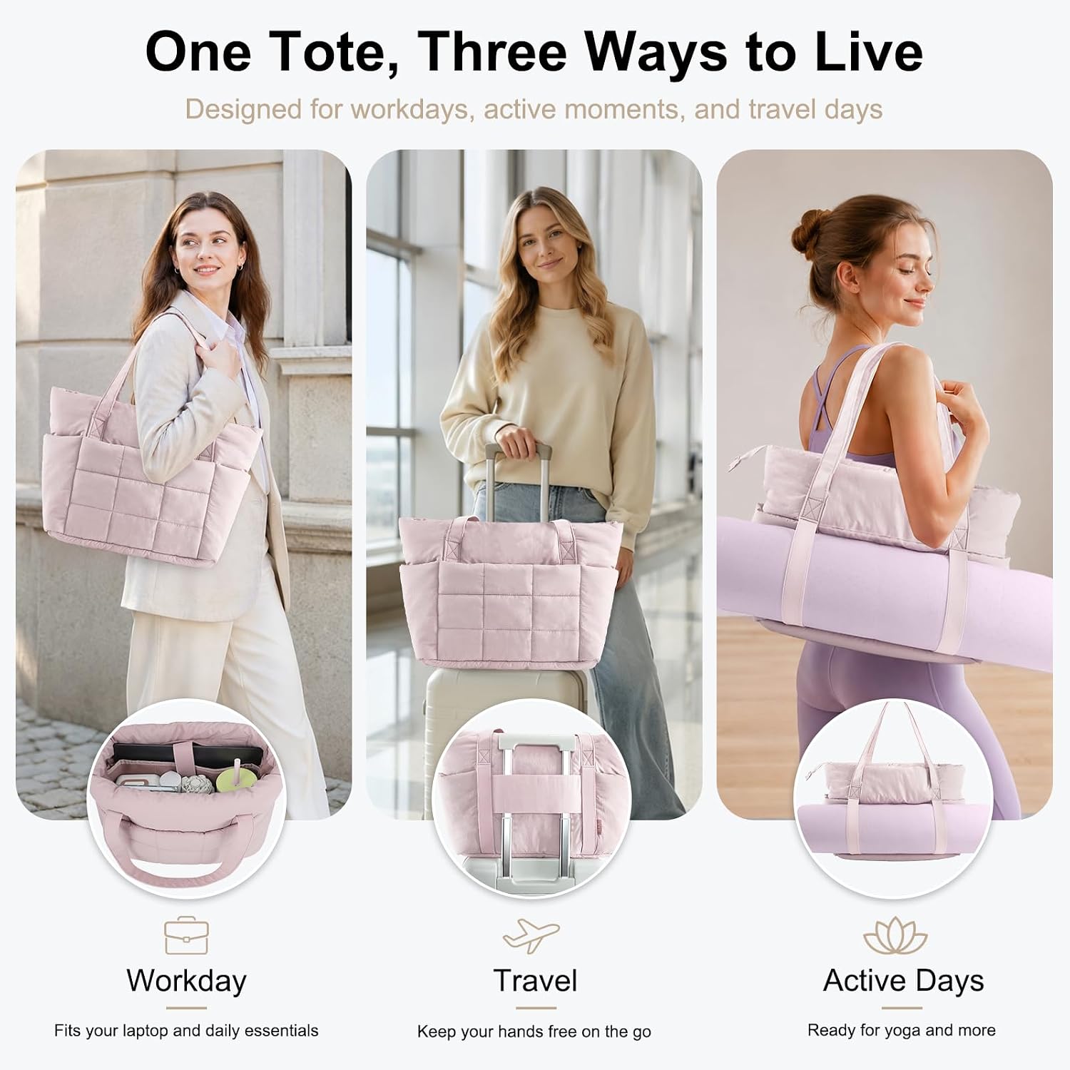  Puffer Tote Bag for Women, Quilted Work Tote with Compartments | Work-to-Travel Design with Yoga Mat Strap thumbnail