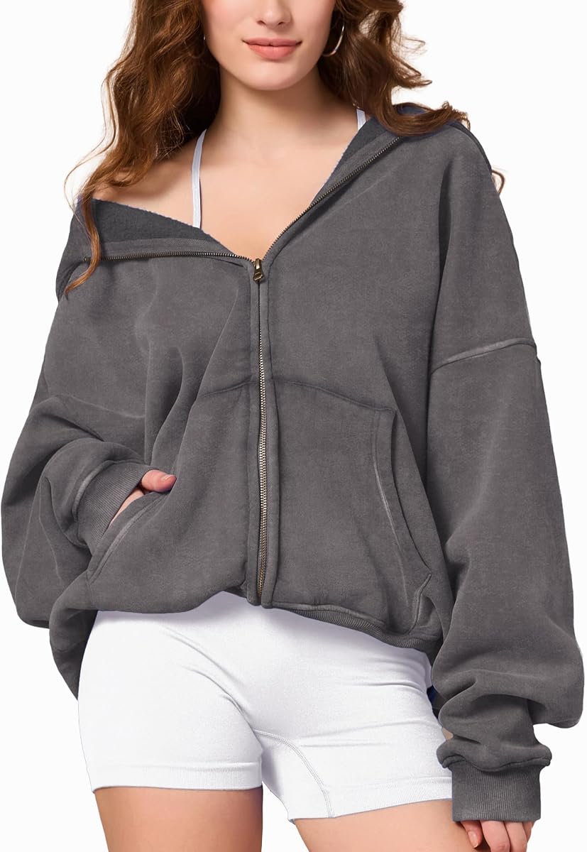FAIABLE Mens Womens Double Zip Up Hoodie Oversized Acid Wash Hoodie Heavyweight Fleece Cotton Zipper Sweatshirt Vintage