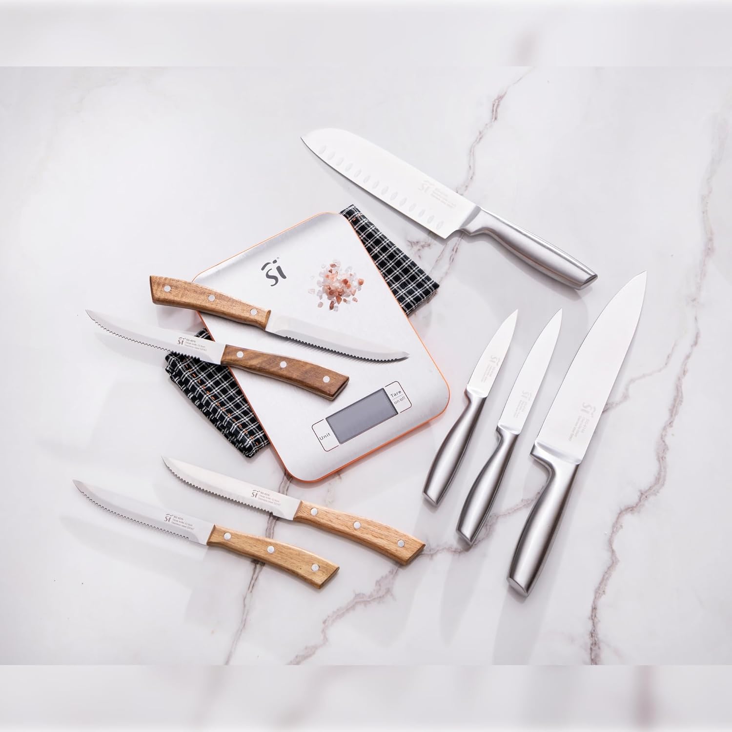 San Ignacio Butcher Knife Set - 4 Serrated Steak Knives for Kitchen, Stainless Steel, Acacia Wood Handle, Hand Wash