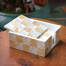 CHI AN HOME 4" Capiz Shell Mosaic Square Coasters Set 6 with Holder, Ivory