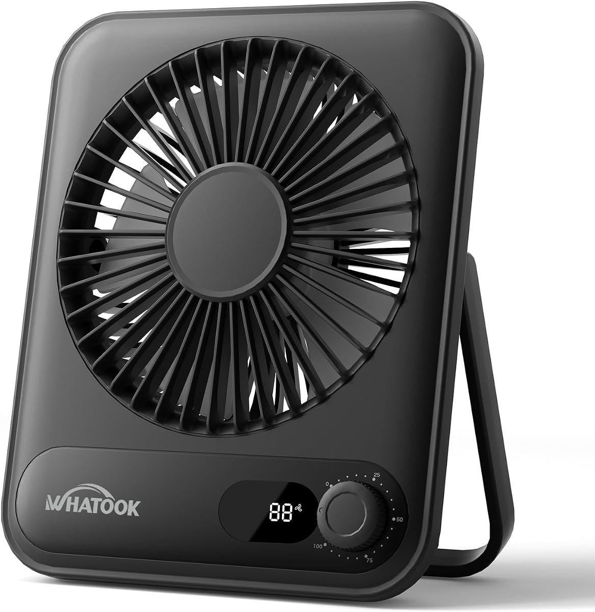 WHATOOK Ventilador de escritorio pequeño, ventiladores personales: 5000 mah, 25 horas de batería, mini ventilador de escritorio silencioso para oficina, elementos esenciales de viaje recargables portátiles (negro, 2000 mAh)