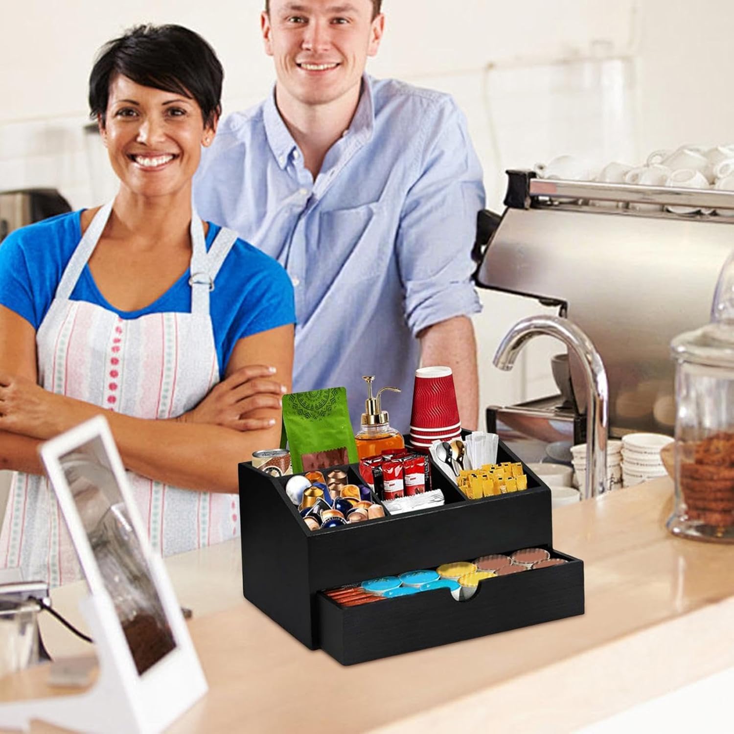 Countertop Coffee Station - Large Capacity Wooden Sugar Packets Holder | Coffee Pods Storage Organizer Box,for Home Apartment Office Cafe Cabinet