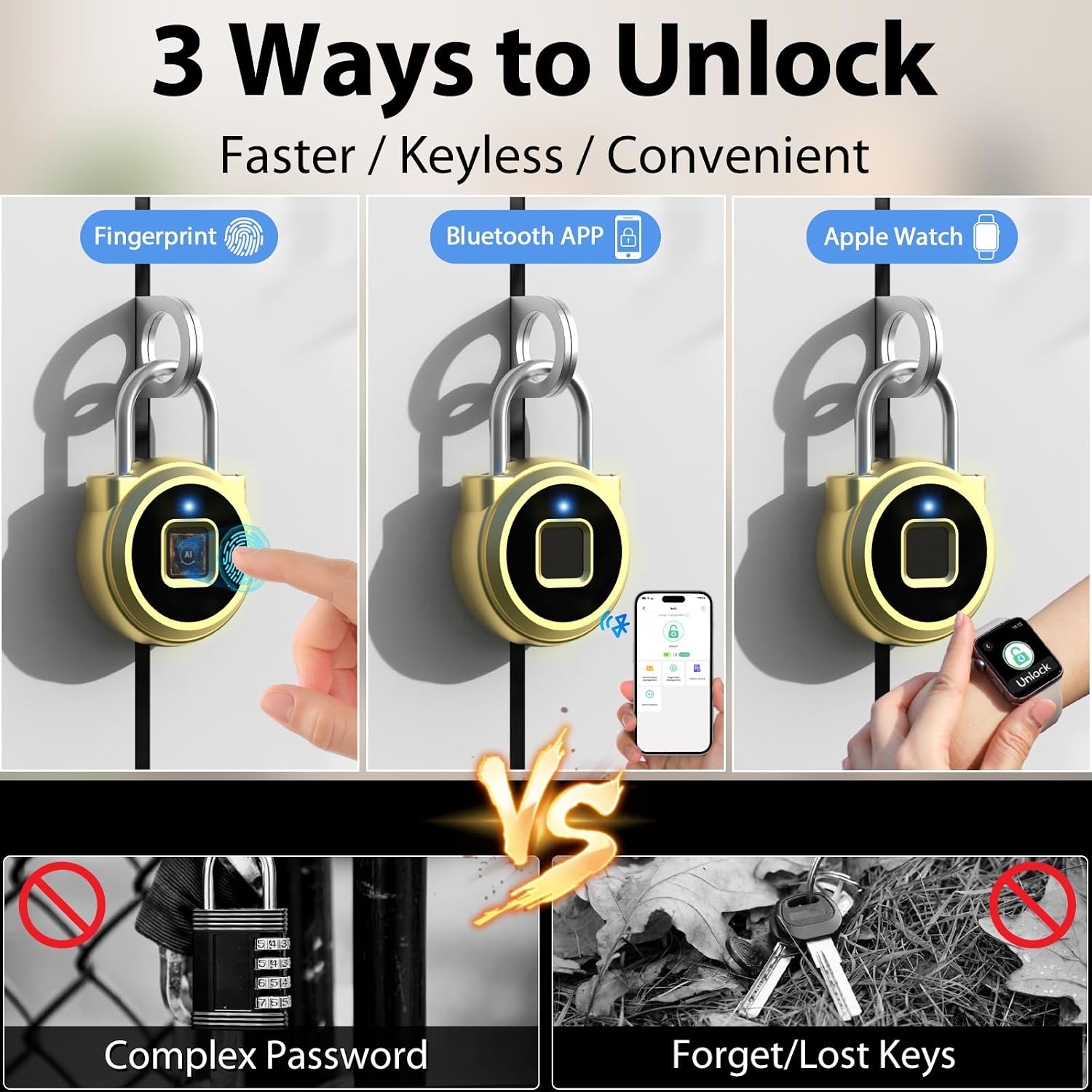 Fingerprint Lock,Gym Locker Lock,Smart Padlock Bluetooth APP Control Biometric Lock for Locker School Suitcase Cabinet Storage Gold
