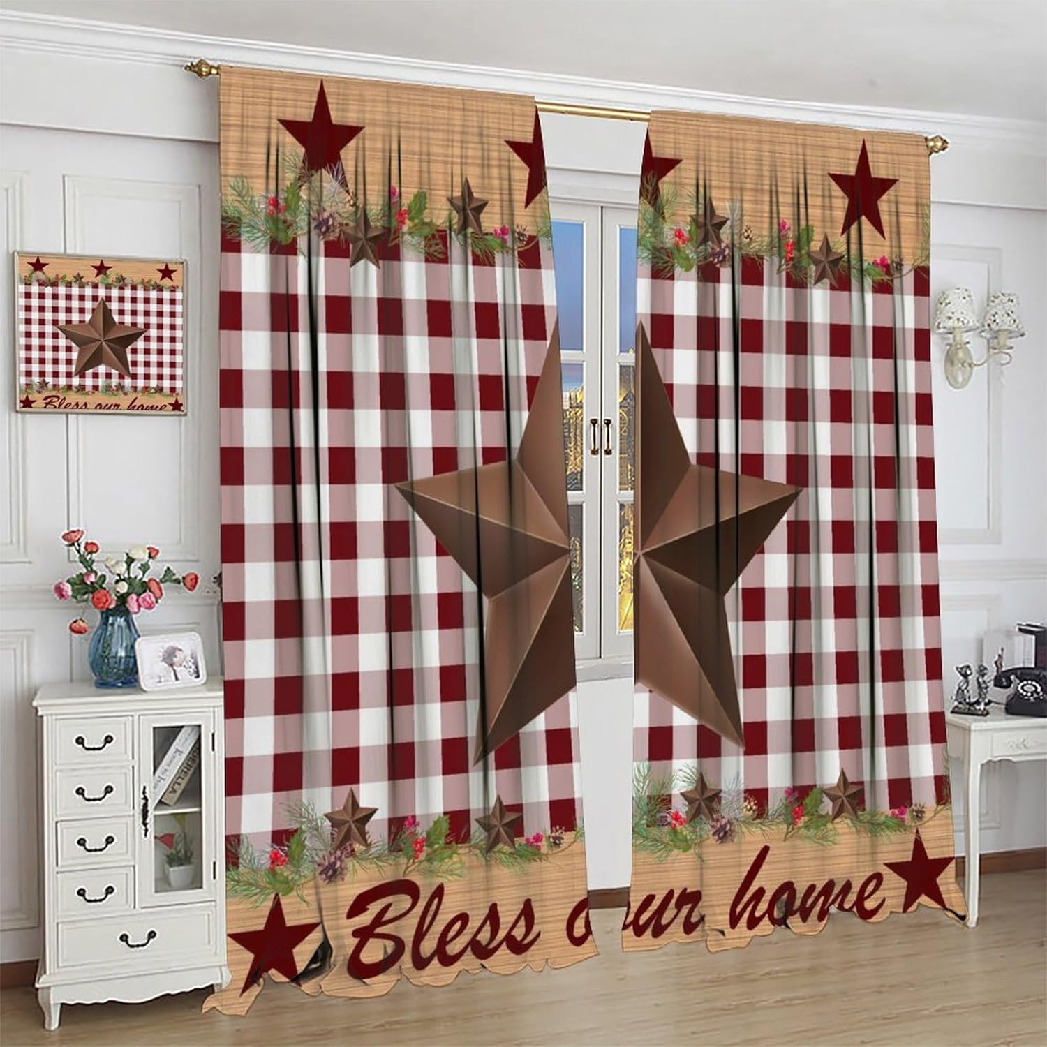 Vintage Farm Curtains,Brown Western Star Plaid Rustic Wooden Plank Berry Print Drapes for Bedroom Living Room Kitchen Window Treatment 2 Panels Set Total Size 42" W X 63" L Inch