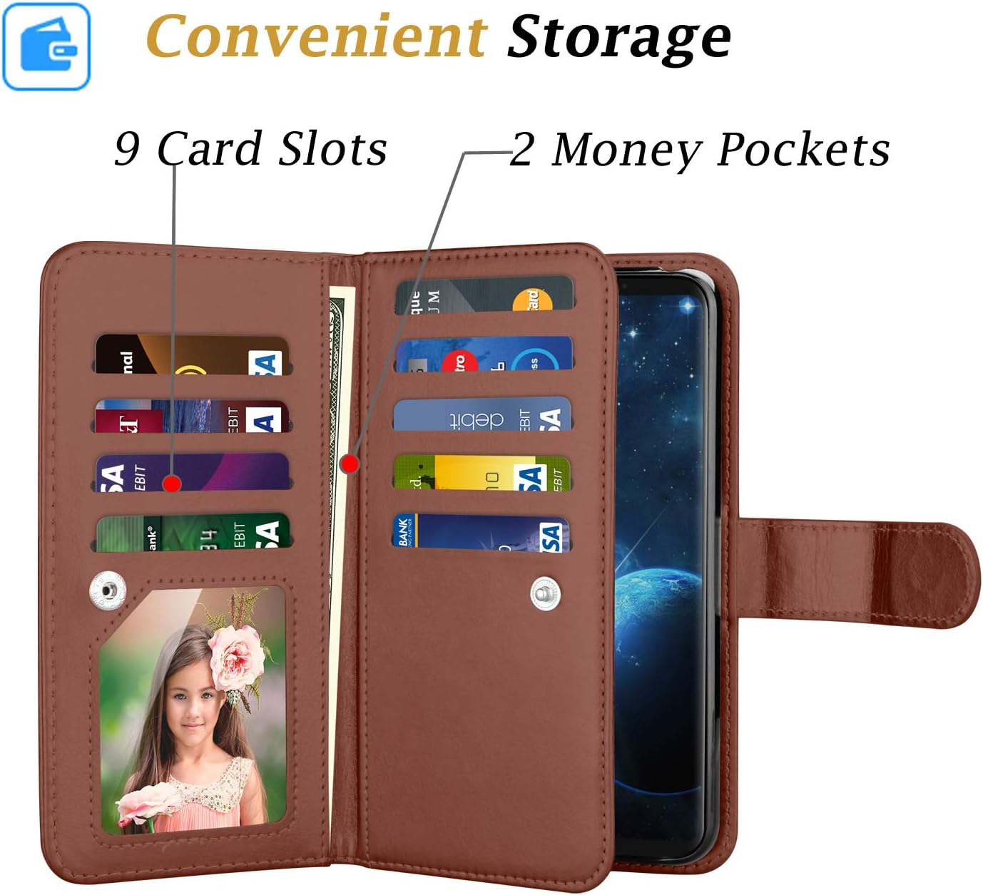 LG V35 ThinQ Wallet Case, LG V30 Wallet Case, LG V30 Plus/LG V30S ThinQ/LG V35 Case Wallet, Takfox PU Leather Folio Flip 9 Card Slots Holder with Lanyard Detachable Magnetic Wallet Case-Brown