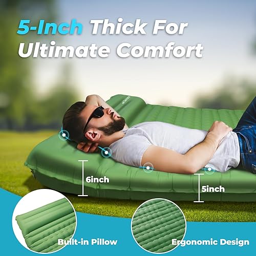 Miniatura 3 de COOLERO Colchoneta de dormir doble para campamento, alfombrilla inflable ultra gruesa de 5 pulgadas con bomba de pie incorporada, alfombrilla de