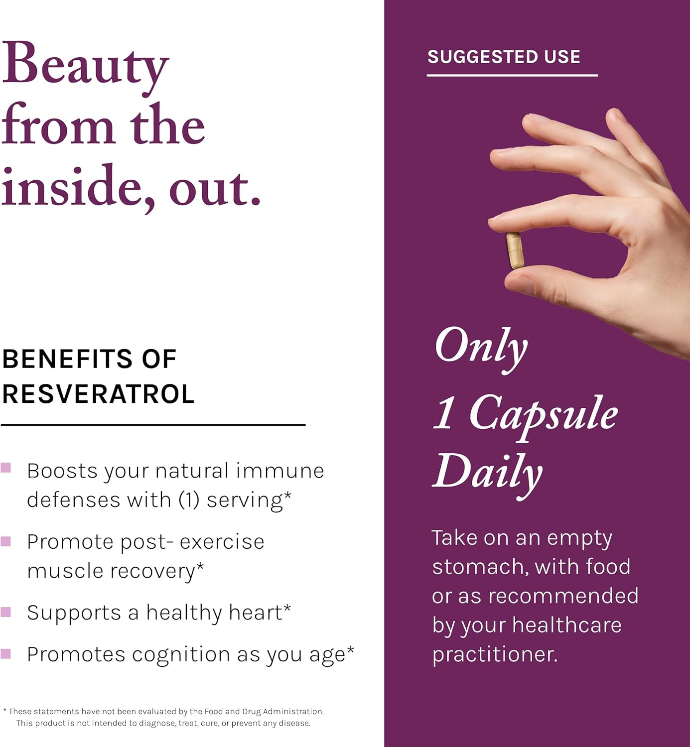 Reserveage Beauty, Resveratrol 1000 mg, Antioxidant Supplement for Heart Health and Immune Support, Supports Healthy Aging and Immune System, Paleo, Keto, 60 Capsules