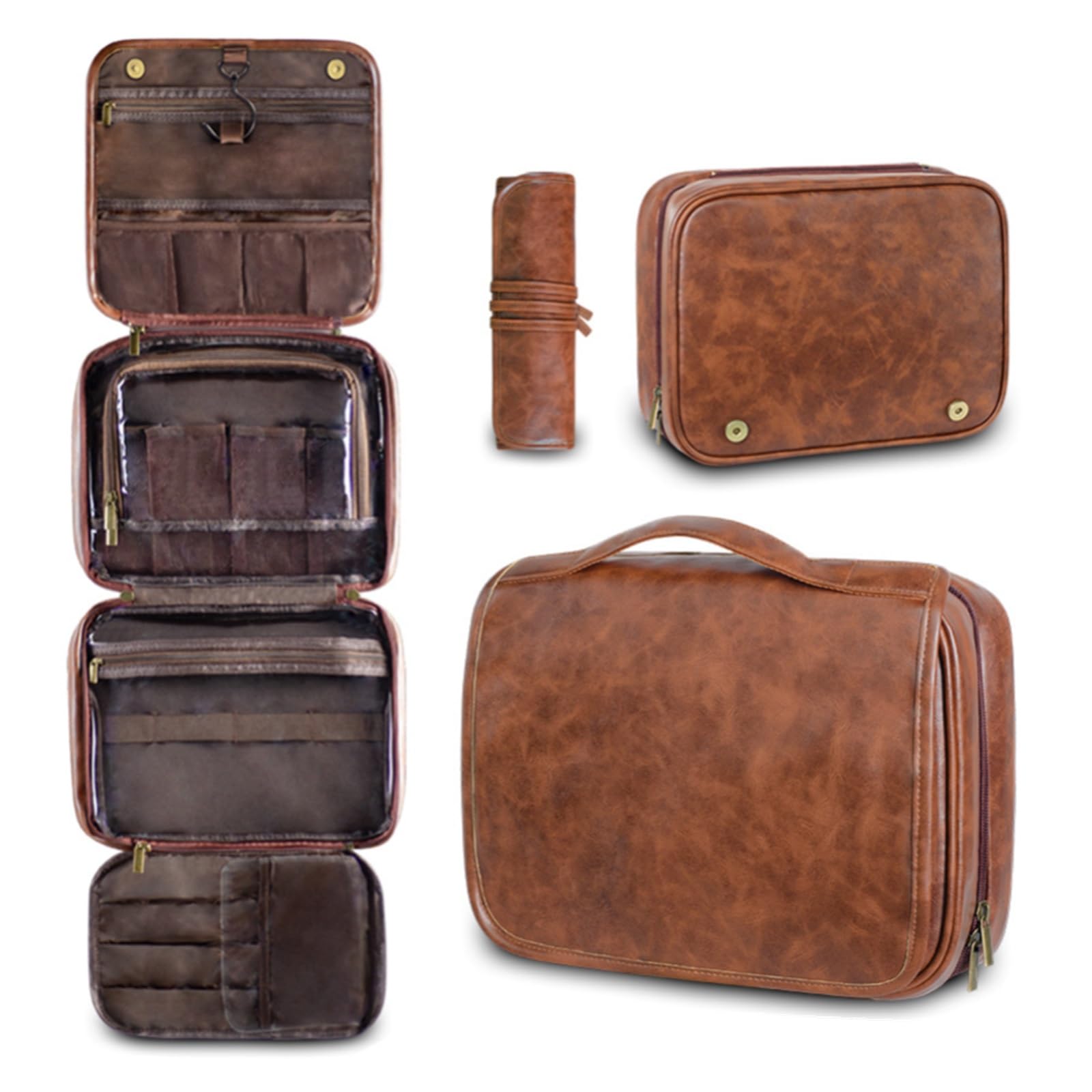 Borsa da Toilette da Appendere Borsa da viaggio in pelle PU da uomo, grande capacità, impermeabile, for cosmetici(Reddish brown)