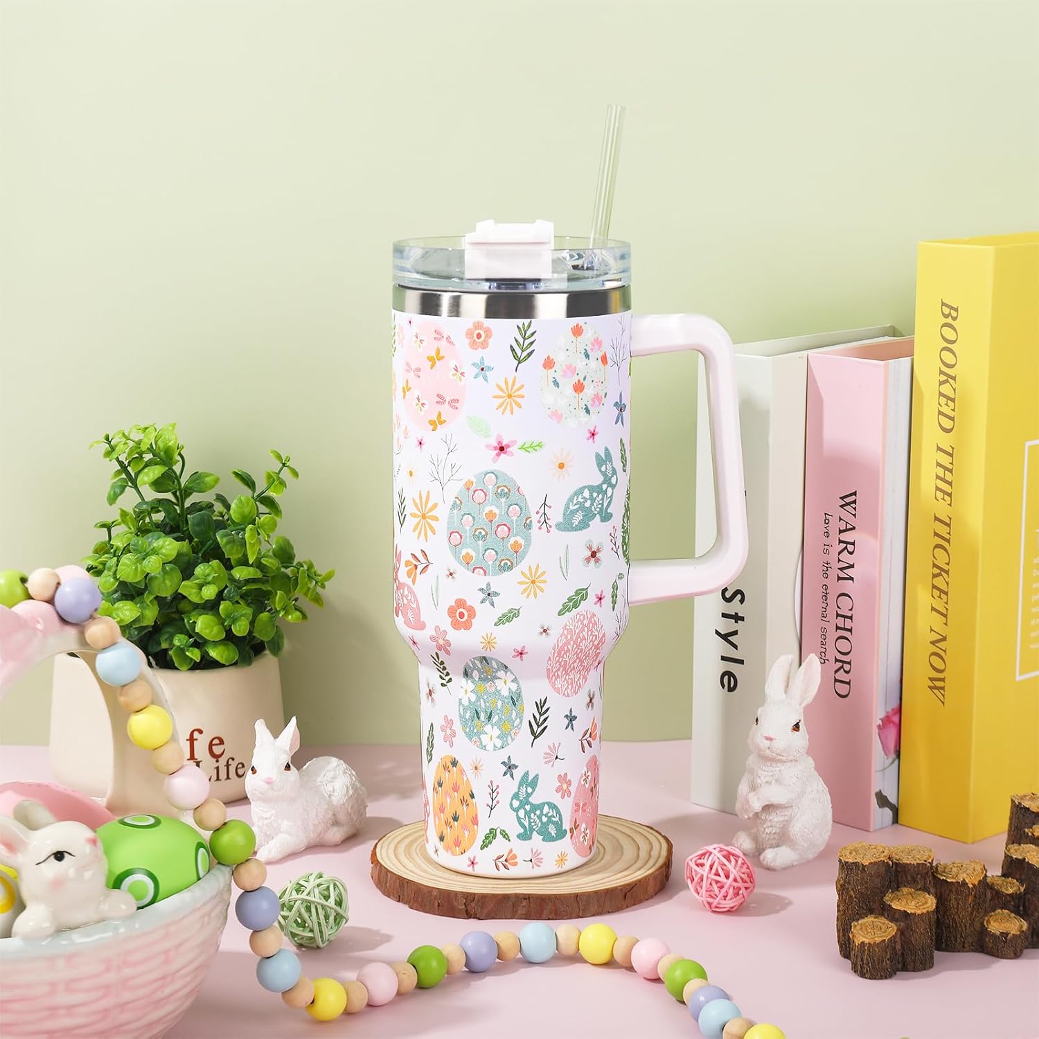 Easter Tumbler with Handle 40oz Easter Egg Bunny Flowers Tumbler with Lid and Straw Colorful Holiday Stainless Steel Cup for Easter Spring Home Office Travel - Image 4