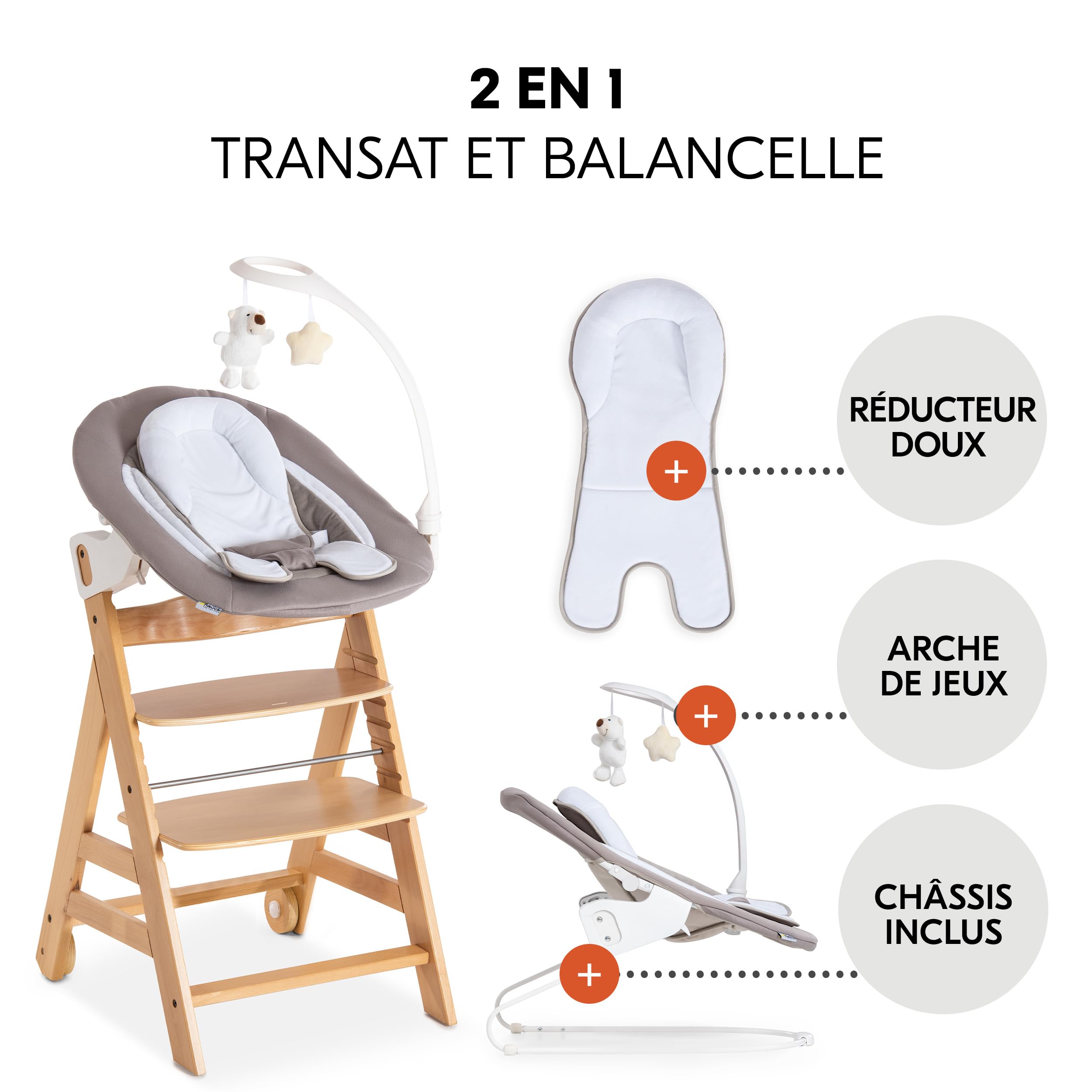 hauck Chaise Haute Bébé en Bois Alpha Move Newborn Set Deluxe - Inclus Accessoire Nouveau-né, Coussin d'Assise et Tablette Repas - Utilisable dès la Naissance, Réglable en Hauteur - Naturel Sable