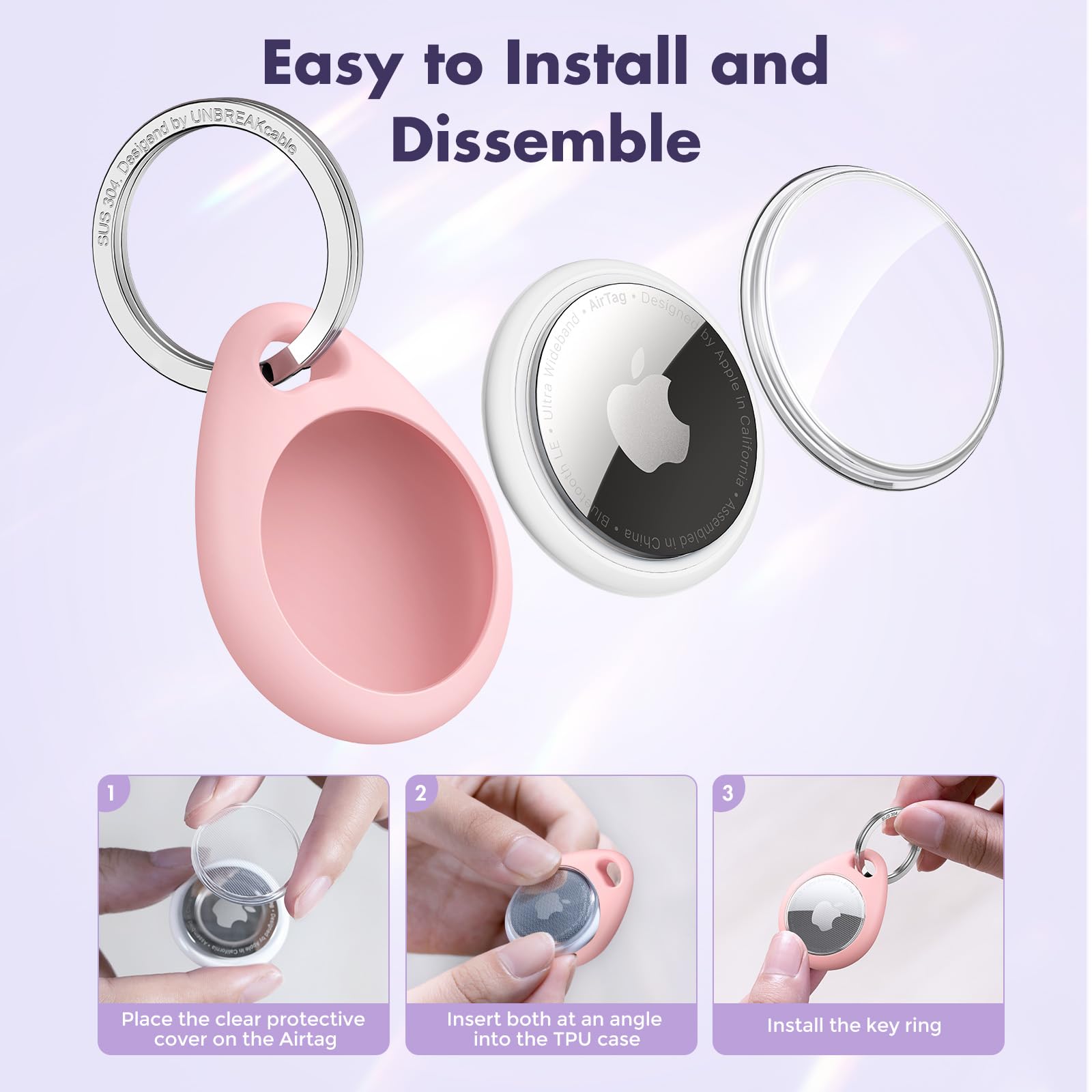 4 Coques De Protection AirTag UNBREAKcable - TPU + Couvercle Transparent, Avec Anneau Acier