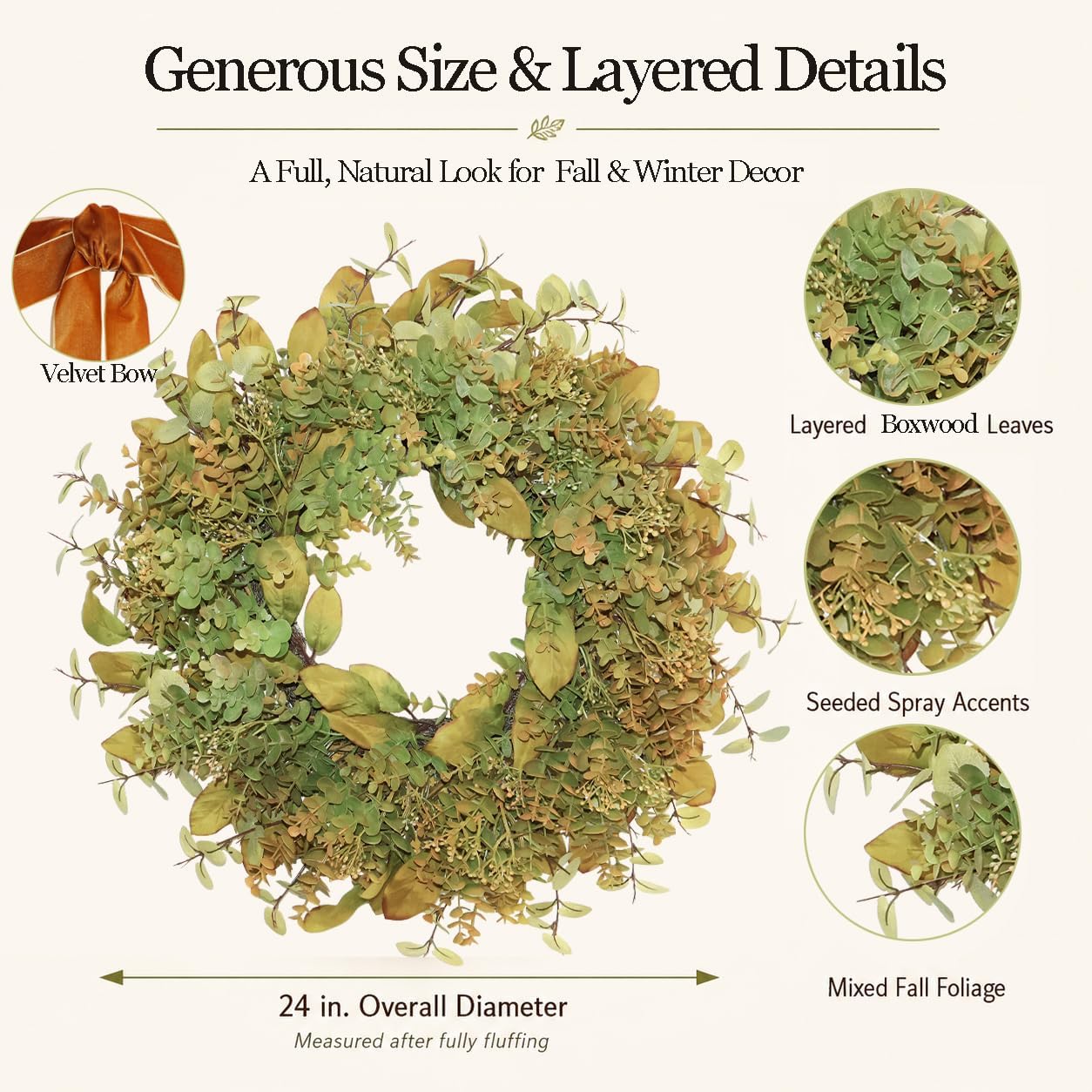 24 Inch Pre-Lit Boxwood Fall & Winter Wreath for Front Door Porch