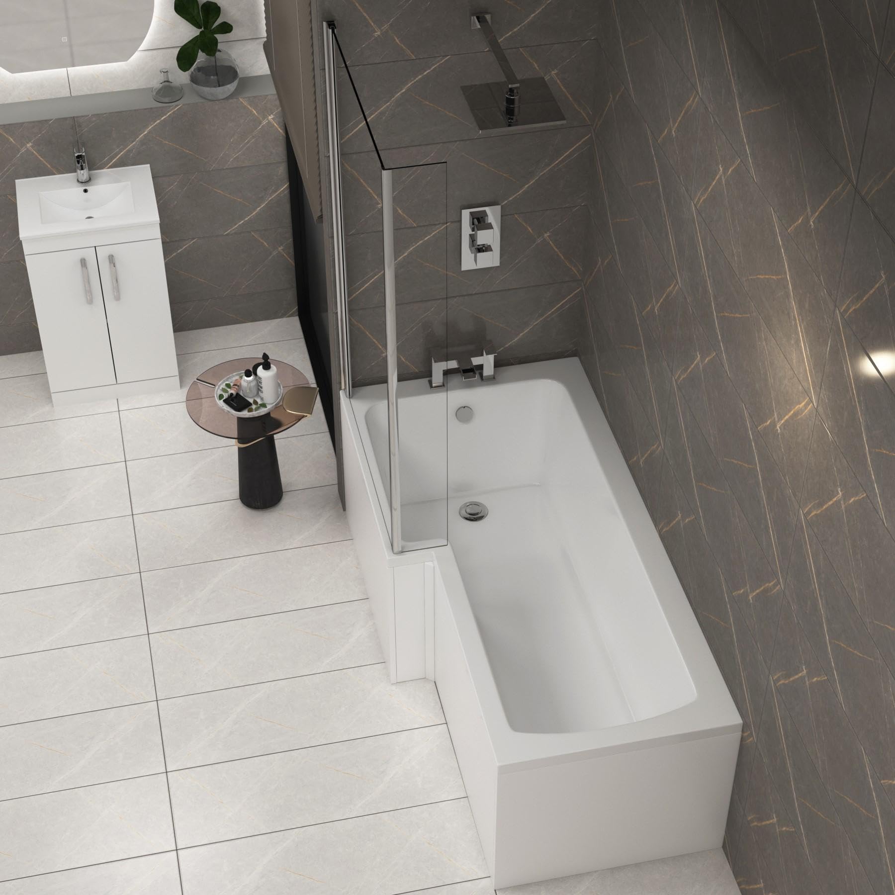 Qubix 1500 x 850mm Left Hand L-Shaped Shower Bath Bathtub Compact Bathroom Solution