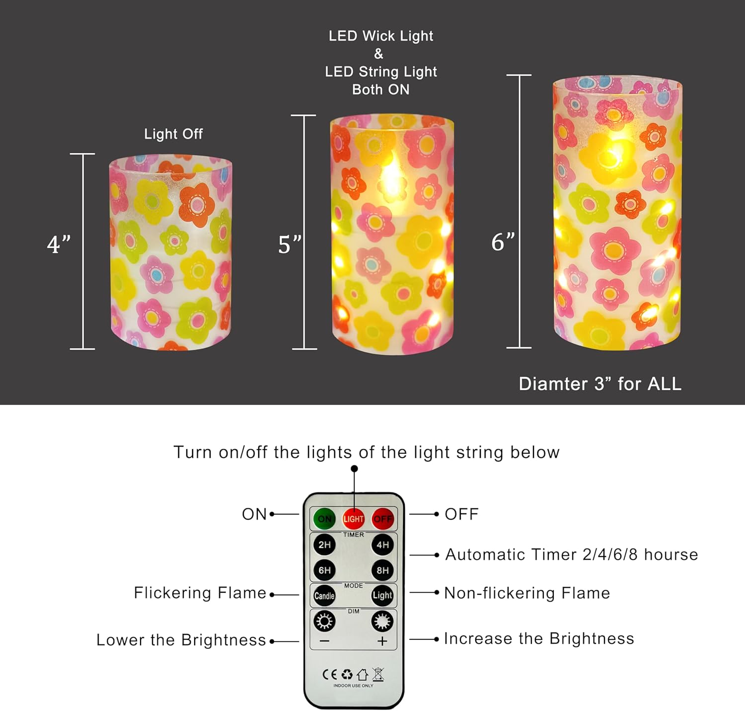 Flickering Flameless Candles Cute Colorful Flowers Print Embedded Star String Lights, Battery Operated Acrylic LED Pillar Candles with 11-Key Remote and Timer for Home Decoration, 3 Pack
