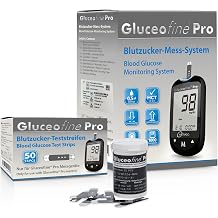 Starter Set L Gluceofine Pro Blood Glucose Monitor mg/dL + 60 Blood Glucose Test Strips 10 Lancets 1 Lancing Aid 1 Case for Blood Sugar Self Control in Diabetes