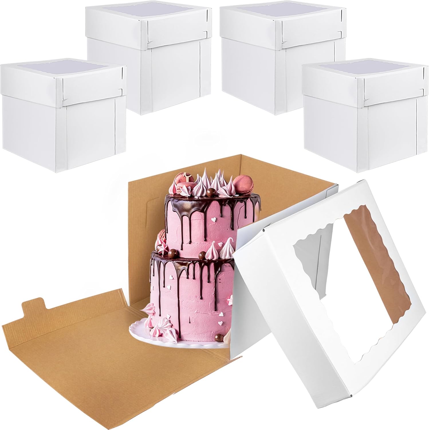 KEEPARTY 5PCS 14x14x12inch with Window Tier Cakes Tall Bakery Boxes for Birthdays Wedding Party Cake Box Disposable Cake Containers Layer Cakes Carrier Corrugated Paper