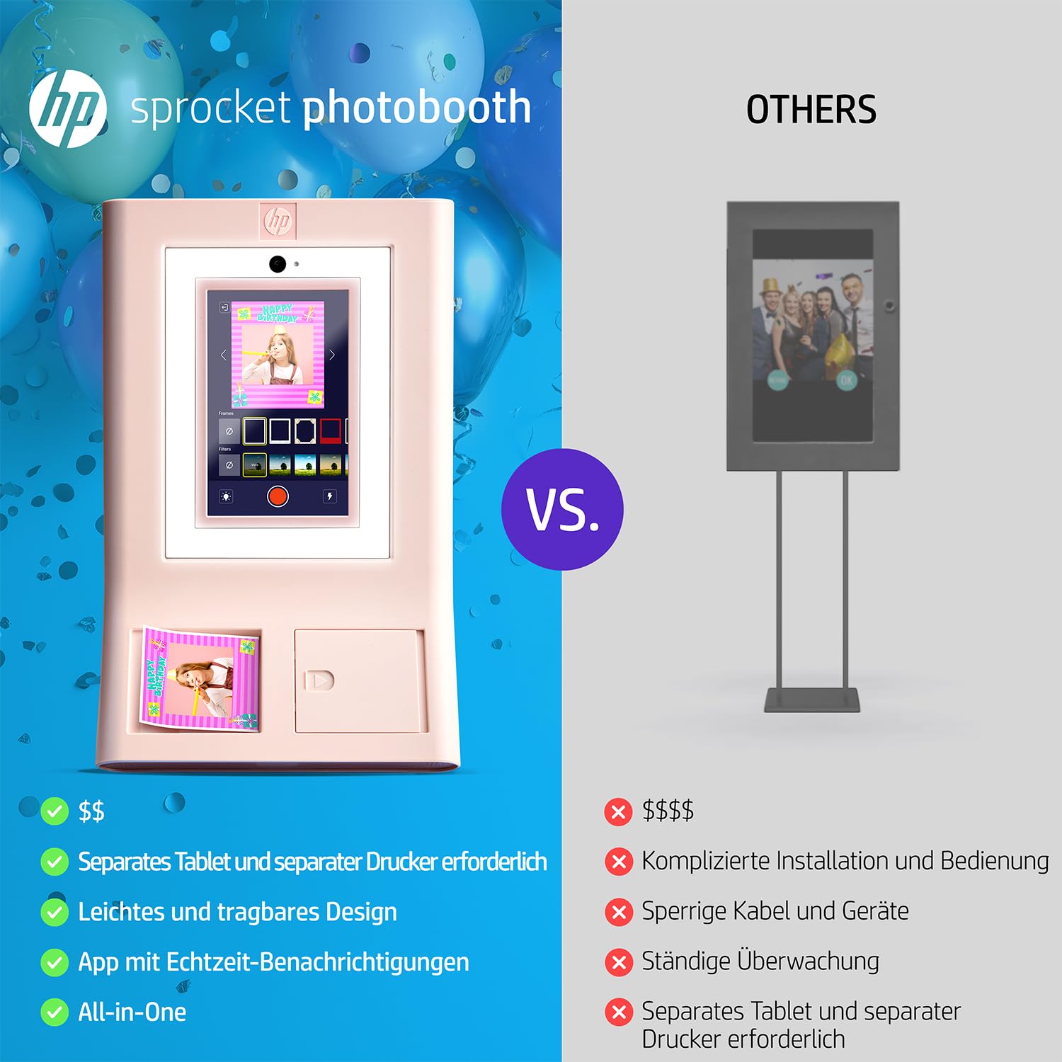 HP Sprocket Photo Booth Sofortbild-Farbfotodrucker, 10,1" (25,6 cm) Touchscreen, Ringlicht, individuelle Rahmen, 3 x 4 (7,6 x 10,1 cm) Zink-Fotopapier, Rosa.