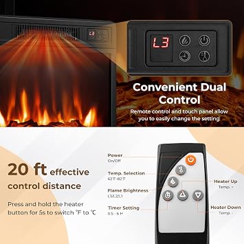 COSTWAY Electric Fireplace TV Stand for TVs Up to 65 Inches, 18-inch Fireplace Insert with APP Control, Remote Control, 16 Color Lights, Wooden Entertainment Center with Adjustable Shelves, Black