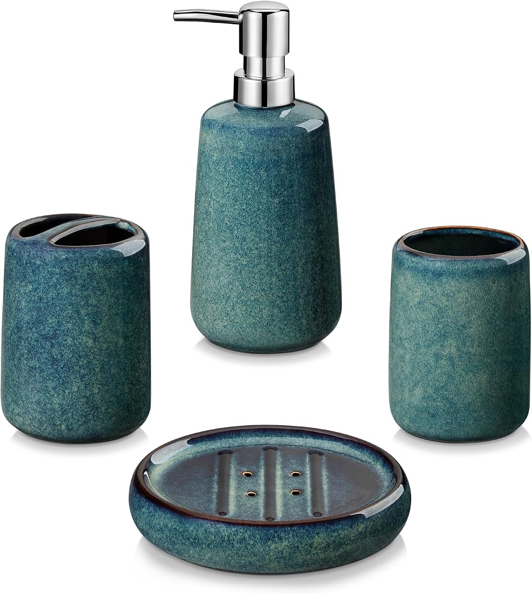 Green Bathroom Accessories Set, Ceramic Soap Dispenser and Toothbrush Holder Sets, Stoneware 4 Pcs Bathroom Sink Set for Modern Home Decor, Series Starry