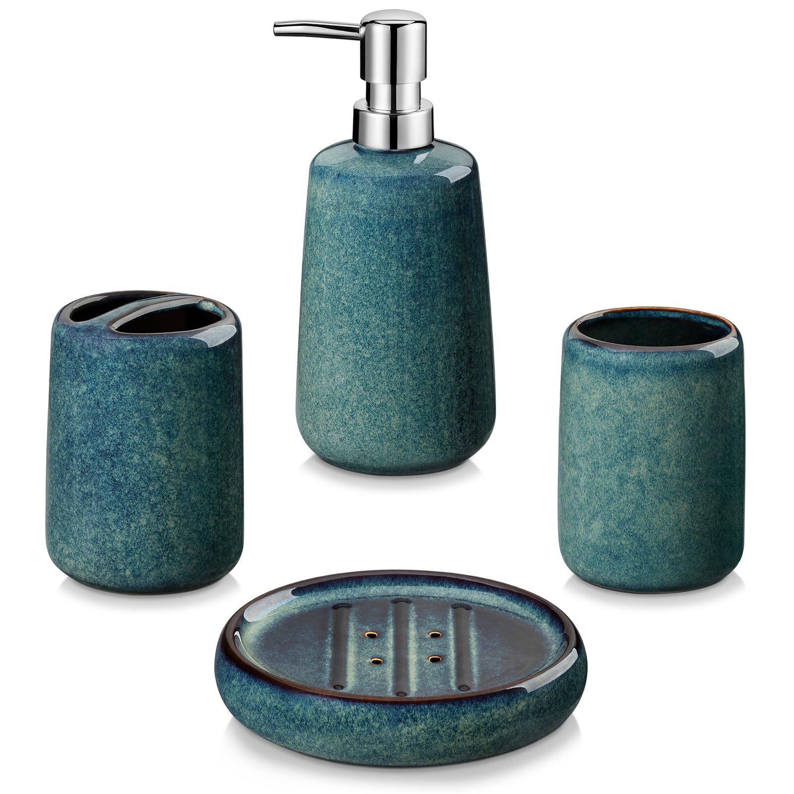 vancasso Set di accessori da bagno verde, dispenser di sapone in ceramica e portaspazzolino, set da 4 pezzi per lavabo da bagno in gres porcellanato, per arredamento moderno della casa, serie Starry