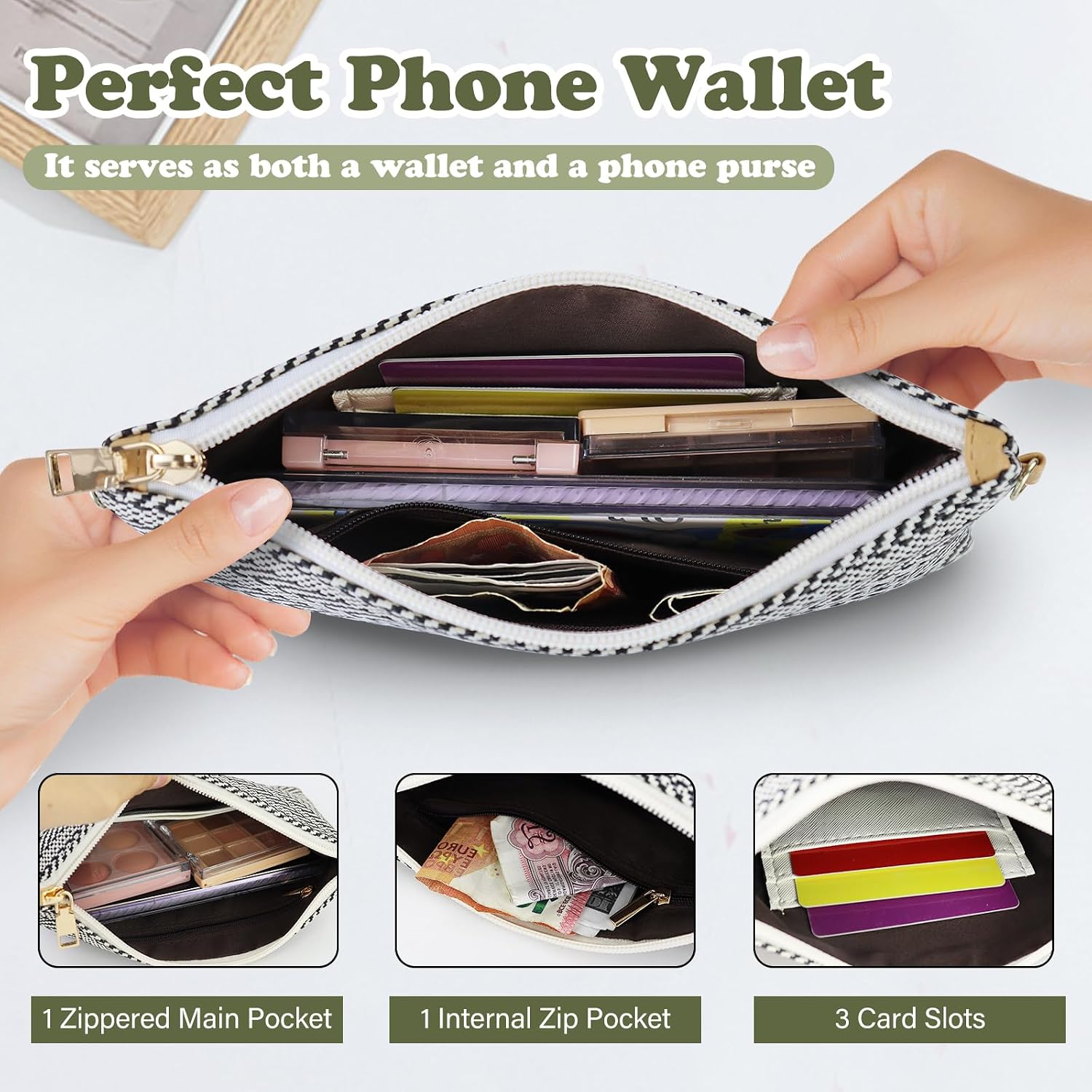 FuninCrea Straw Clutch Purses for Women, Wristlet Wallet with 3 Card Slots and Adjustable Strap Woven Small Crossbody Purse