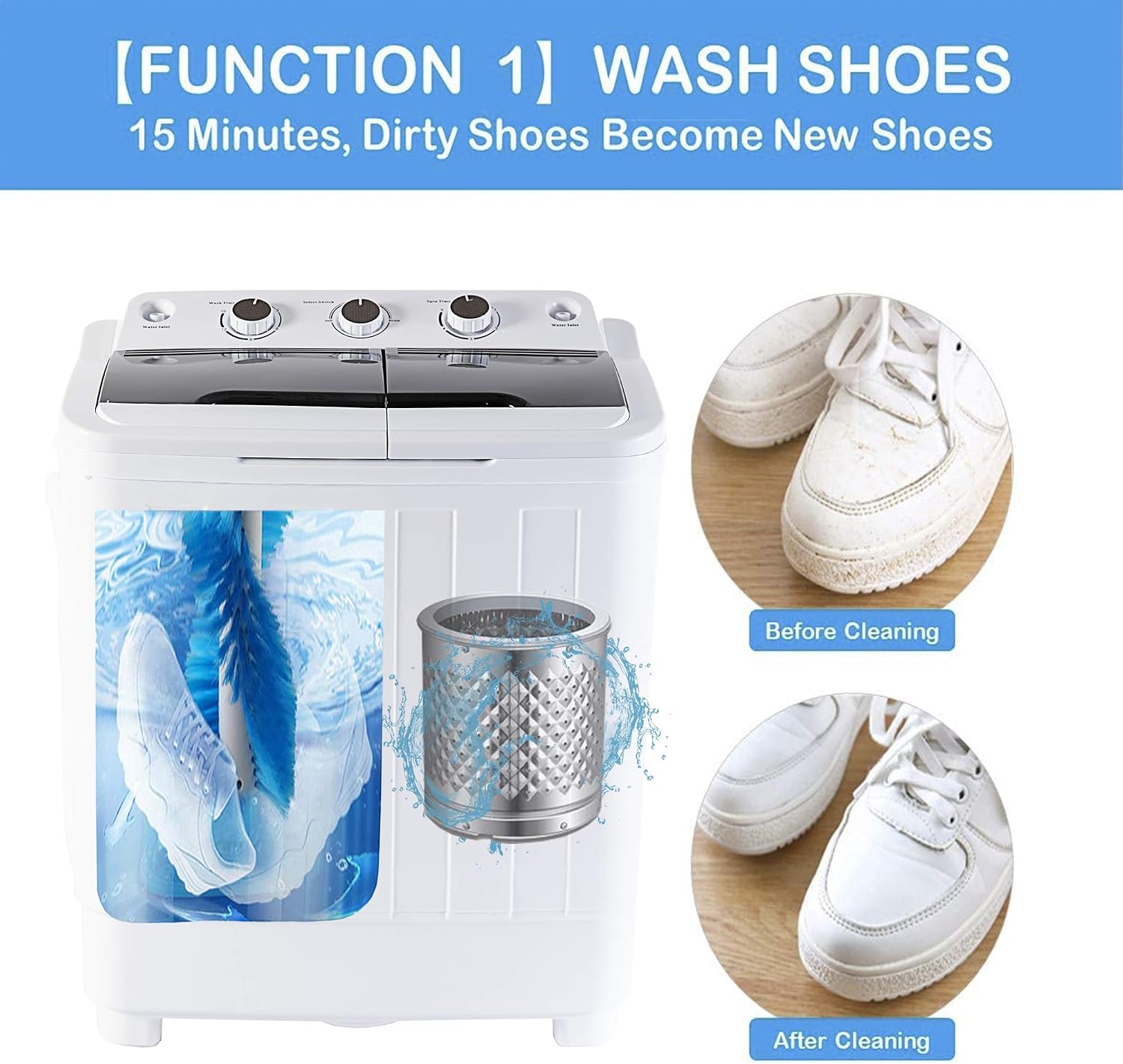 Domini Portable Washing Machine with Timer Control, 3in1 Shoes Washer, 17.6lbs Compact Twin Tub Washing Machine and Spin Dry，Wash (11lbs) and Spin Combo(6.6 lbs), For RV, Camping, Apartments, Dorms.