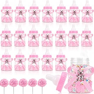 MACTING 2 Dozens 3.5 Inch Feeding Bottle Candy Box with 5 Pcs Artificial Flower Rose for Baby Shower Favor Gift Decoration (Pink)
