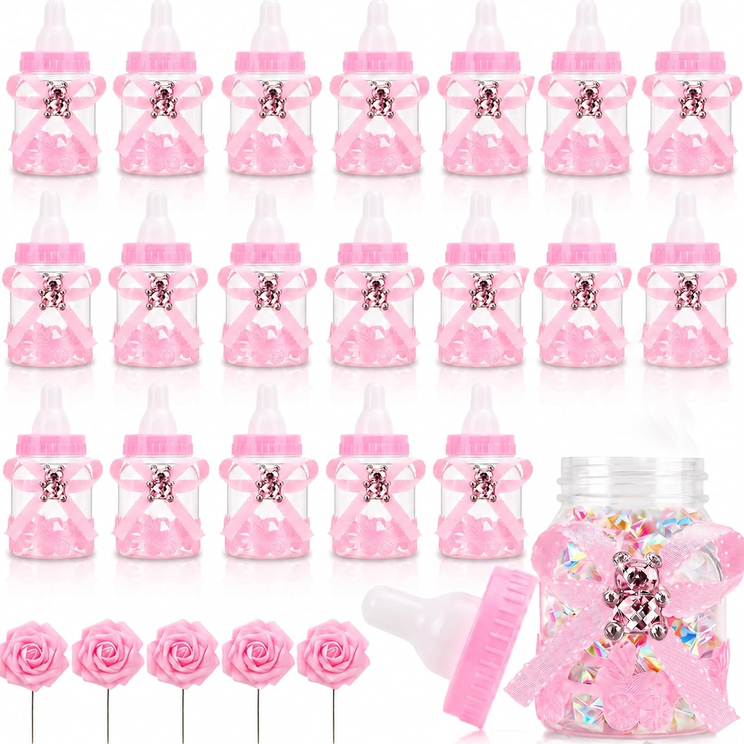 MACTING 2 Dozens 3.5 Inch Feeding Bottle Candy Box with 5 Pcs Artificial Flower Rose for Baby Shower Favor Gift Decoration (Pink)