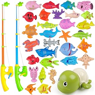 AUUGUU Magnetic Fishing Game Water Toy â€“ 2 Fishing Poles with Working Reels, 1 Wind Up Swimming Turtle and 30 Colorful Magnetic Fish for Kiddie Pool, Water Table or Bath Fun â€“ Toddler Toy for Ages 3-5