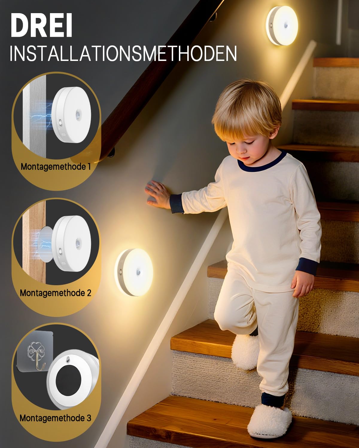 6PCS LED Bewegungsmelder Nachtlicht, Warmweiß, Selbstklebend, Auto Ein/Aus, Orientierungslicht für Flur Treppe Schlafzimmer