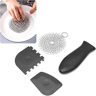 Cast Iron Scrubber,Stainless Steel Cast Iron Cleaner Kit,Durable Chain Mail Scrubber, Toothed Scraper, Handle Cover for Lodge Skillet Iron Pan Cleaning in Home Kitchen