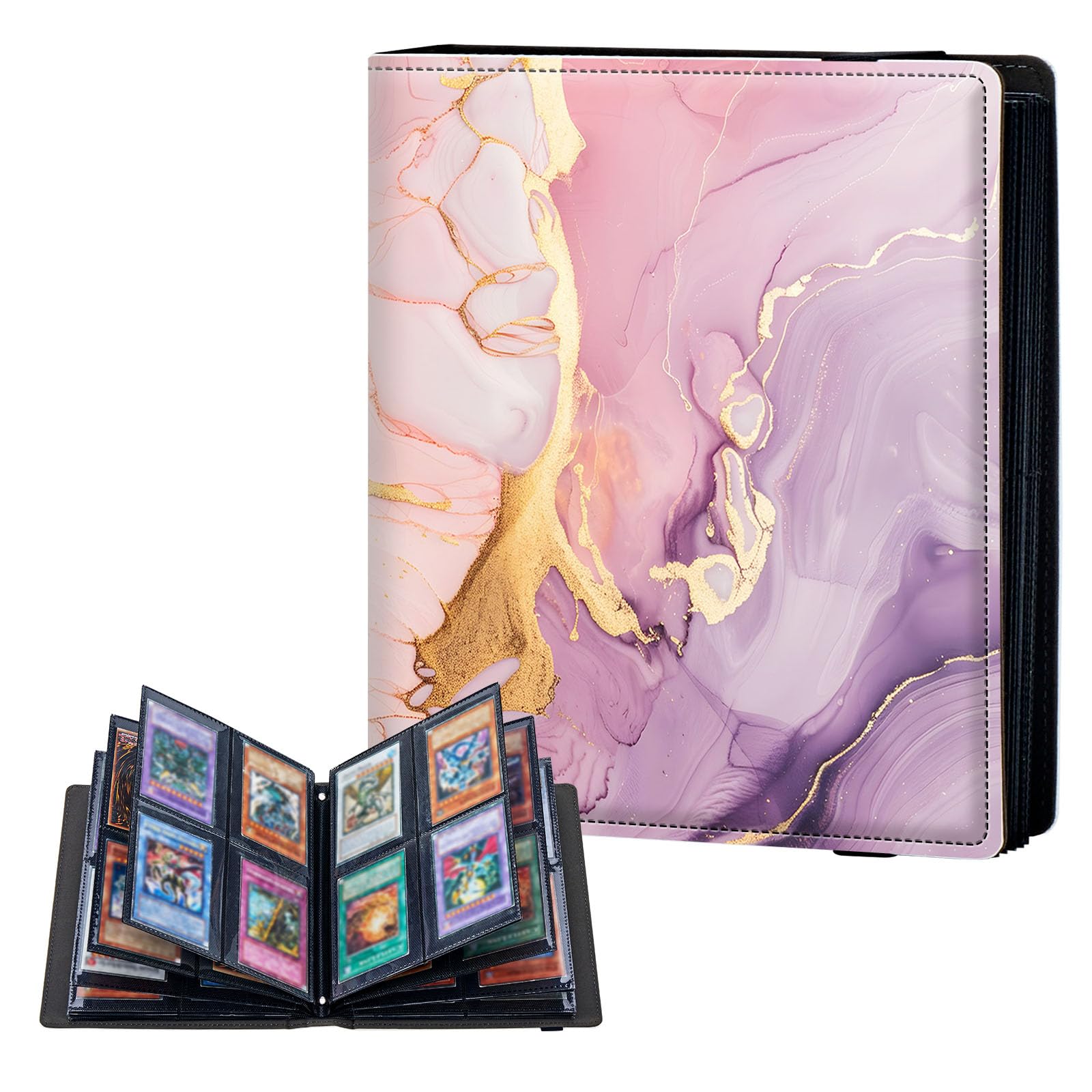 ETLKJVBL 4 Pocket Trading Card Binder, Card Collection Binder for TCG, MTG, Sports Cards, Baseball, Marble Texture Pink Trading Card Book Holder for Collectors, Top Loader Binder