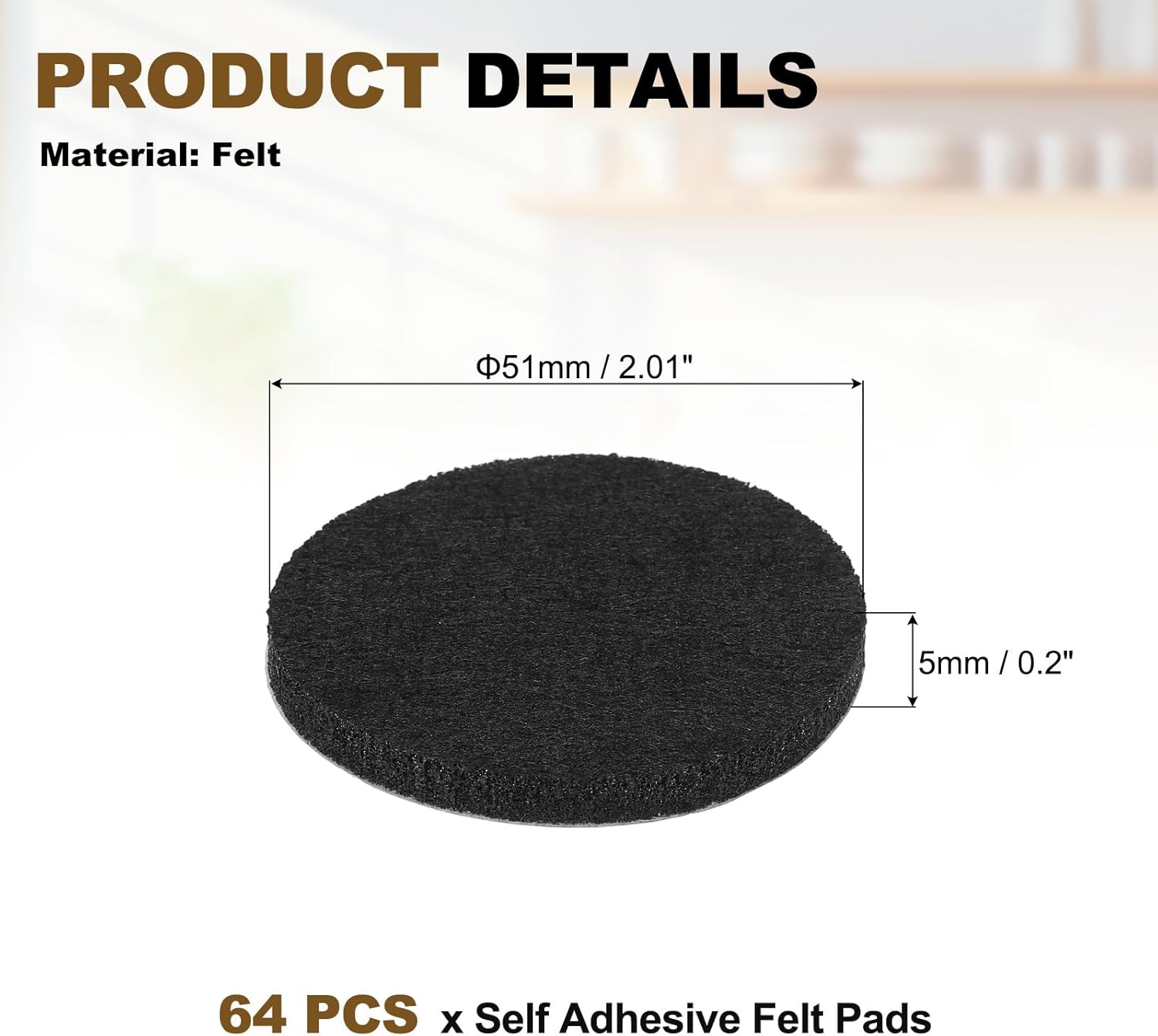 uxcell 64Pcs Non Slip Furniture Pads, 2" Round Self Adhesive Felt Bumpers Noise Reducing Furniture Feet Floor Protector for Chairs Tables Furniture Legs (Black 0.2" Thick)