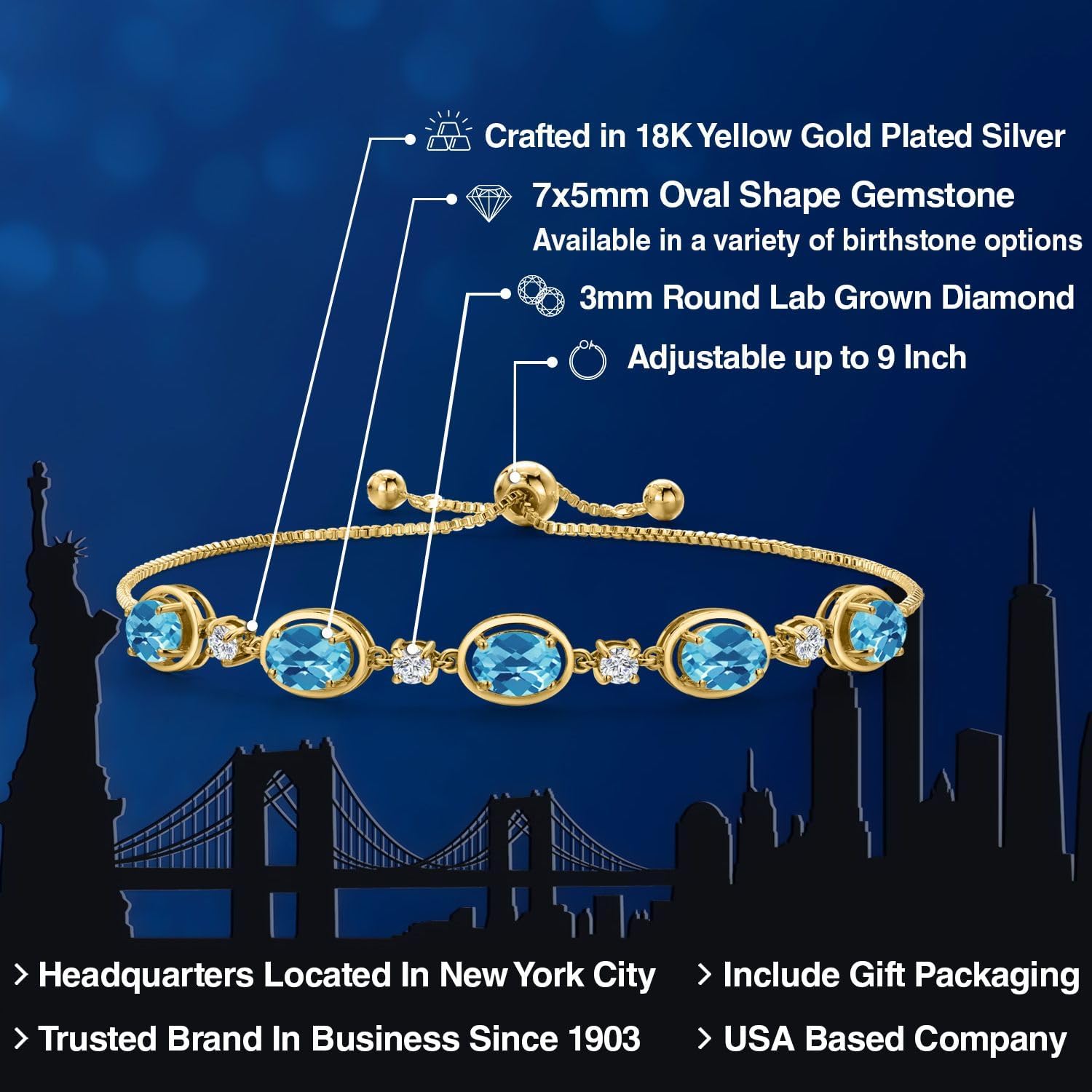 Gem Stone King 18K Yellow Gold Plated Silver Swiss Blue Topaz and Lab Grown Diamond Bracelet For Women | 5.40 Cttw | Gemstone Birthstone | Oval Checkerboard 7X5MM | Fully Adjustable 9 Inch