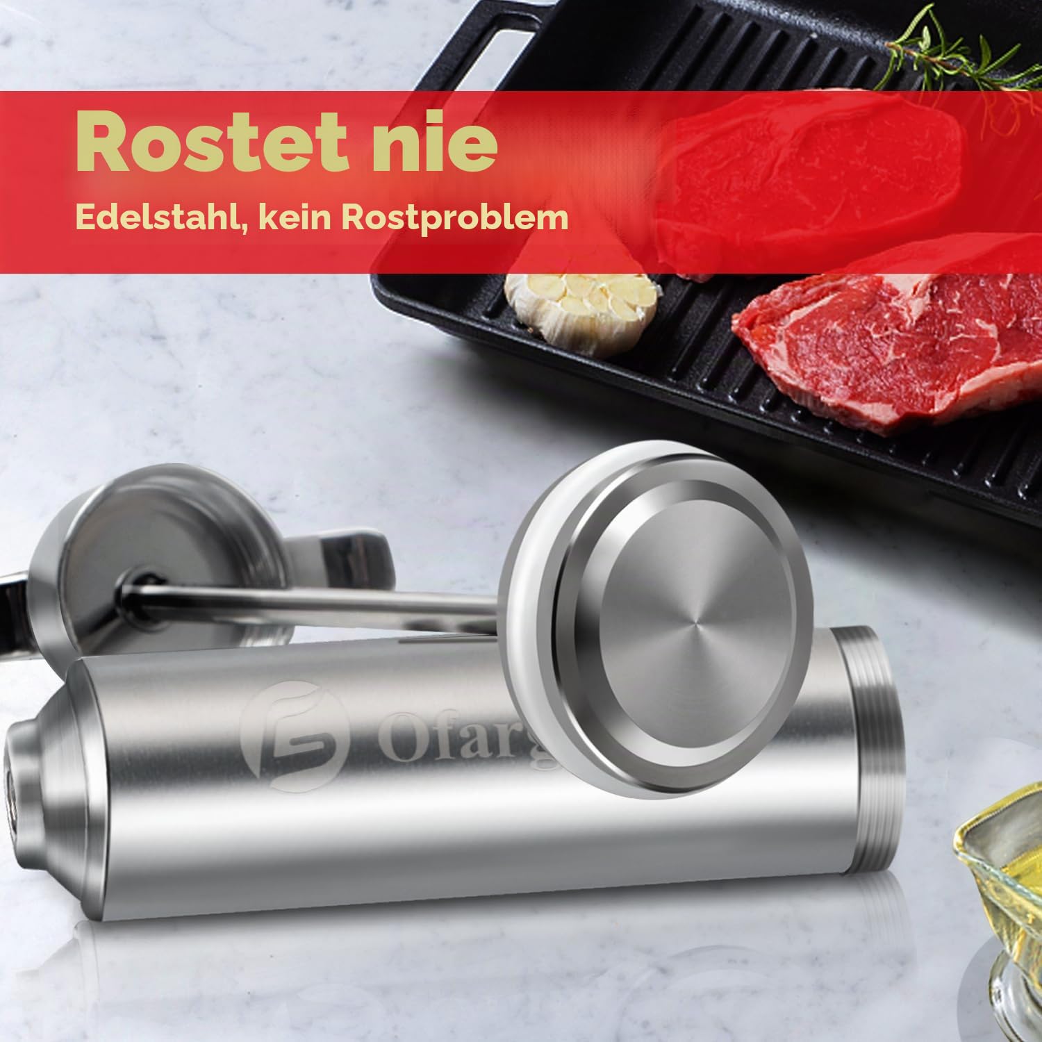 Ofargo Fleischspritze aus 304-Edelstahl, mit 4 Marinadennadeln und Reiseetui für Grill, Räuchern, 57 ml, großes Fassungsvermögen, Bedienungsanleitung und eBook-Rezept