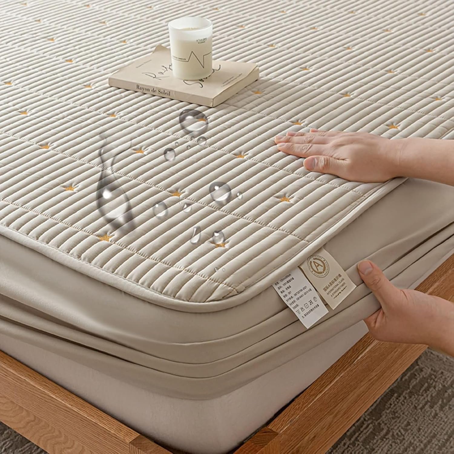 Beydodo Bed Fitted Sheet 35 x 78 inch, Standard Pocket Fitted Bed Sheet Grey Geometric Quilted with Stars, Polycotton Mattress Protector and Pillowcase Set, 90x200cm