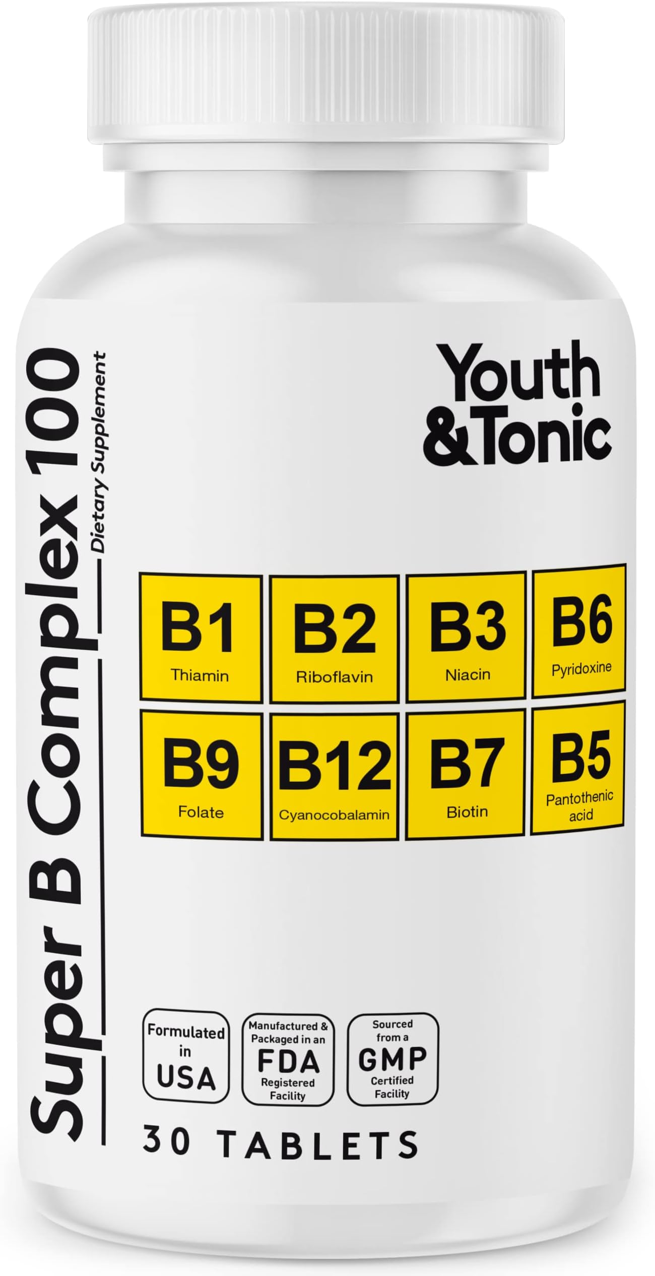 Youth & Tonic Super B Complex for Clear Mind Healthy Energy Metabolism | Mental Focus Stress Tiredness B 100 | Support for Nervous System Vitamin B Complex