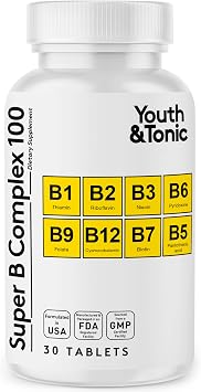 Youth & Tonic Super B Complex 100, Stress B Complex, PABA B-100 Vitamins | Calm & Steady Energy, High Potency Vitamin B Complex Complejo B with Choline Inositol, Men & Women, 30 Tablets