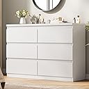 White 6 Drawer Dresser for Bedroom, 15.3" D x 47.2" W x 32.3" H in Simply Modern Chest of Drawers, Wood Storage Double Dresser with Deep Drawers for Living Room, Hallway Entryway, White