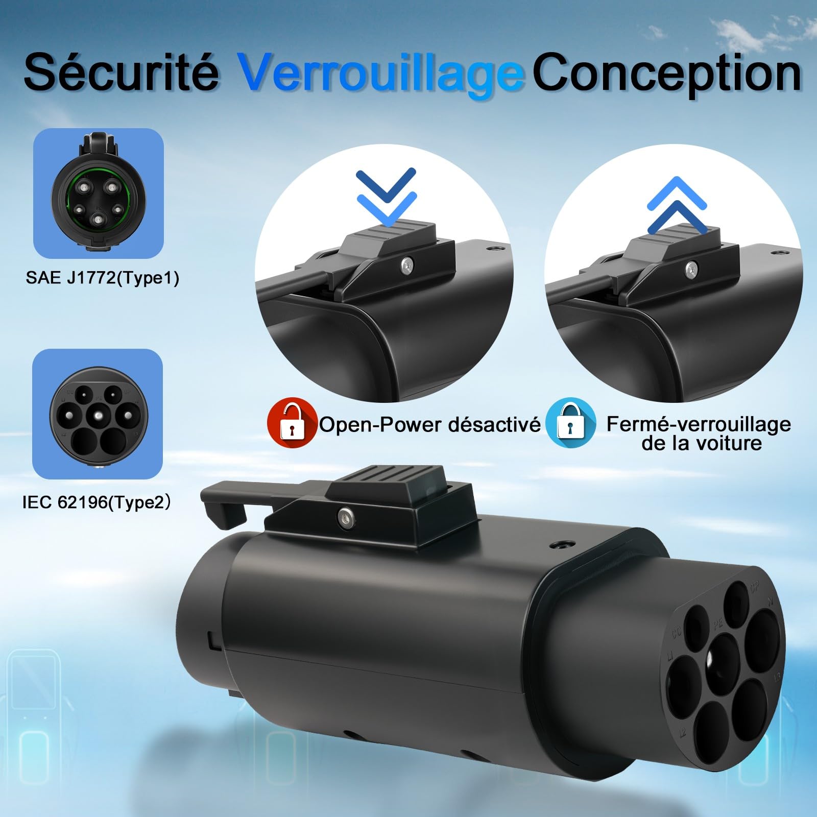 Adaptateur Type 2 vers Type 1 pour véhicules électriques, 32A CA | Adaptateur pour véhicules électriques IEC 62196 vers J1772 avec Clip Anti-Chute, Connecteur de charge rapide, étanche IP54