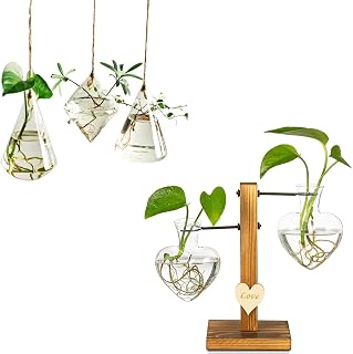 Kingbuy Plant Terrarium Wooden Stand, 2 Heart-Shaped Vase Tabletop Air Plant Holder and 3 Hydroponic Planter Geometric Vase with String for Home Garden Office Decoration