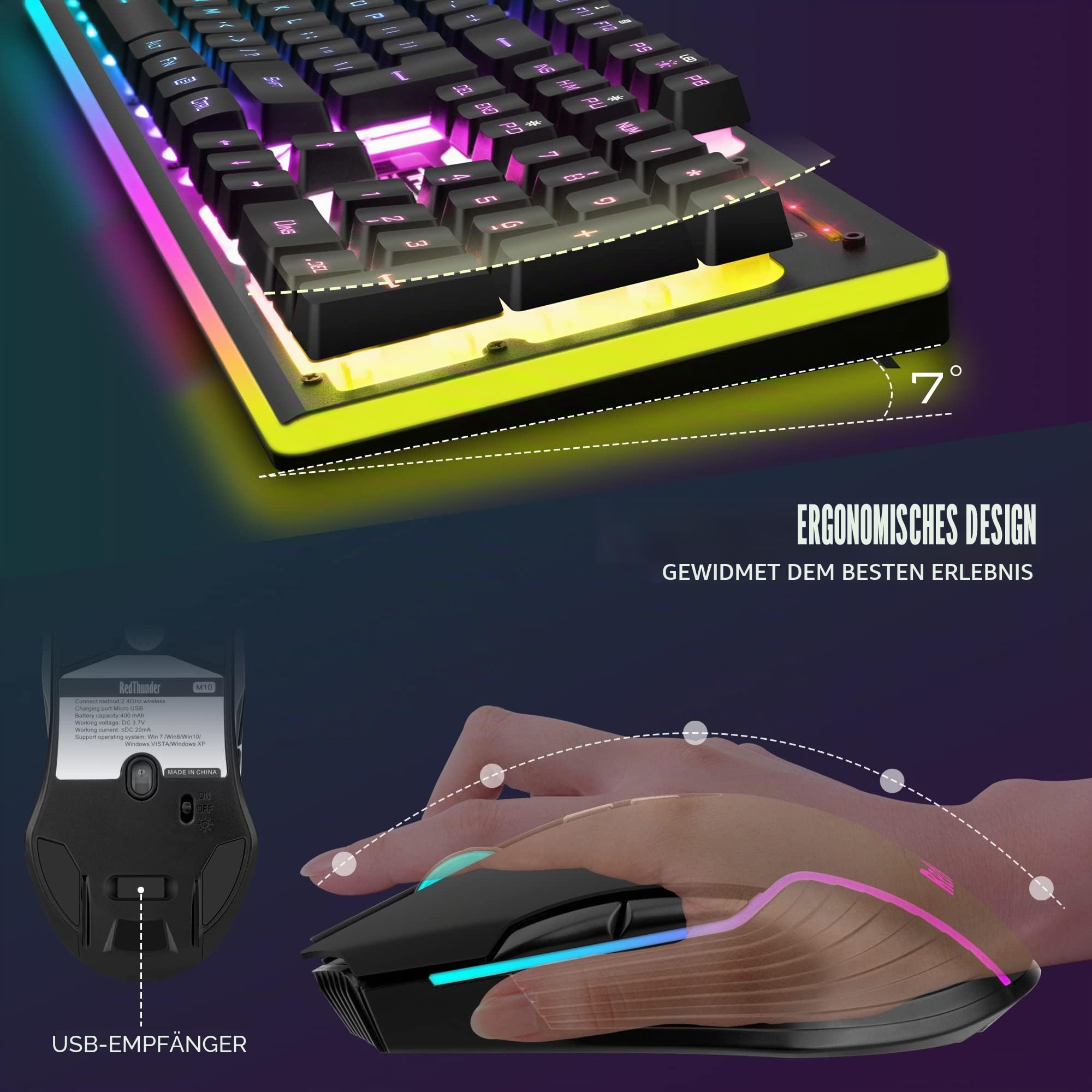 RedThunder K10 Gaming-Tastatur, mechanisches Gefühl, RGB-Hintergrundbeleuchtung, wiederaufladbarer Akku mit 3800 mAh, Anti-Ghosting + 7D-Maus, 3200 DPI, ES-Layout, für PC/PS5/Xbox, Schwarz