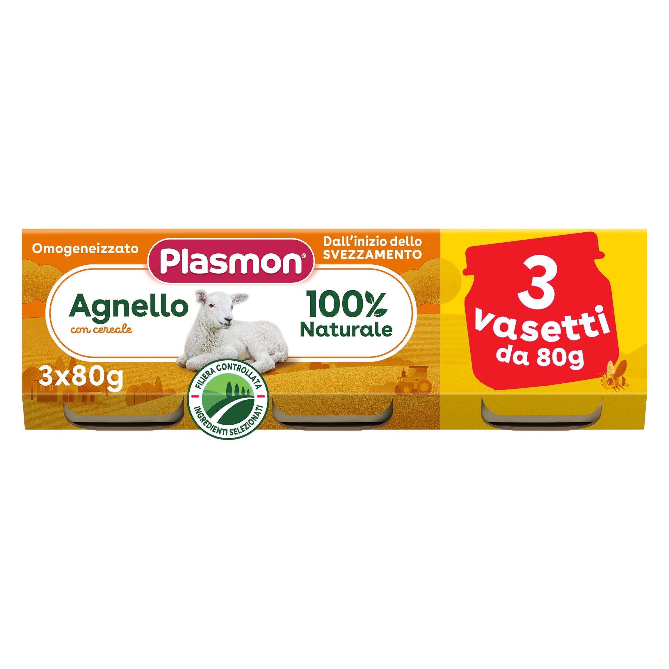 Plasmon Omogeneizzato Carne Agnello E Cereale 80 G, 24 Vasetti Con Carne Italiana, 100% Naturale, Senza Amidi E Sale Aggiunti, 24 x 80 g