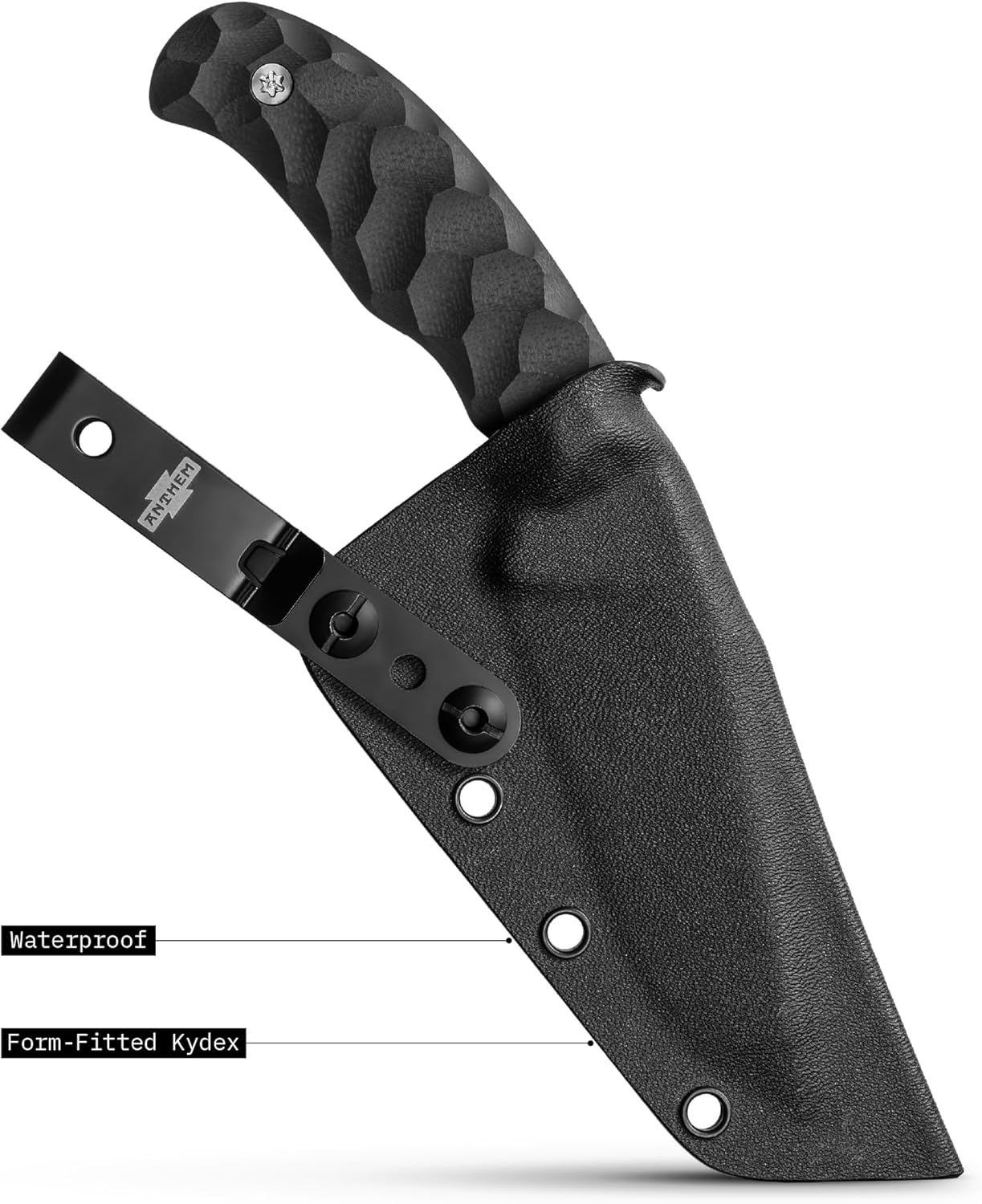 Anthem Knives The Nightwatch: Fixed Blade Knife, 52100 Steel Harpoon Clip Point, Large Tactical EDC Hunting Knife with Kydex Sheath for Camping, Outdoor, Survival - Made in USA [Black / Shadow Stonewash]