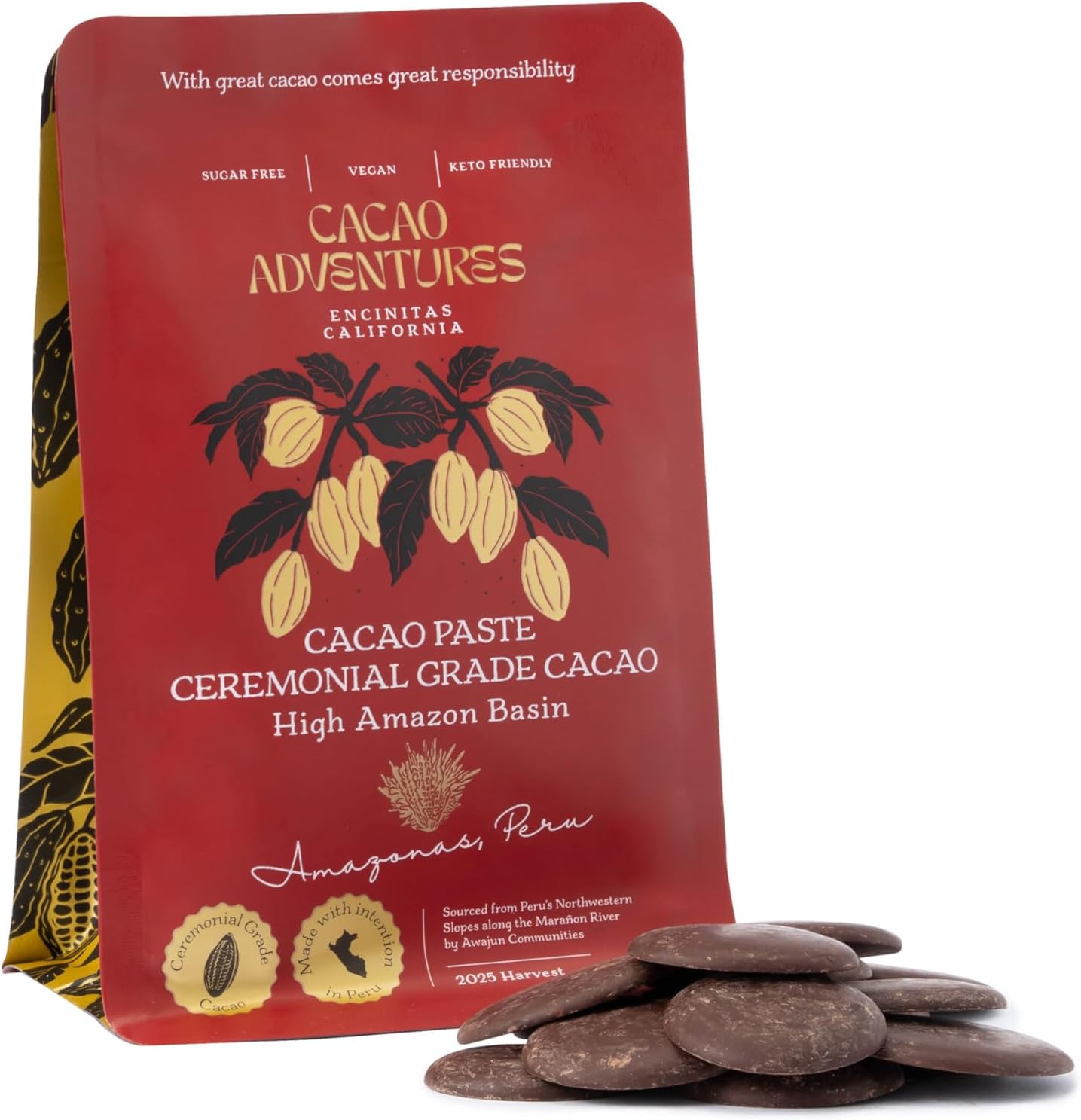 Cacao Adventures Ceremonial Grade Cacao | 100% Pure | Dairy Free & Vegan | Unsweetened | Ethically sourced and sustainably grown |Vegan Peruvian| 8 oz
