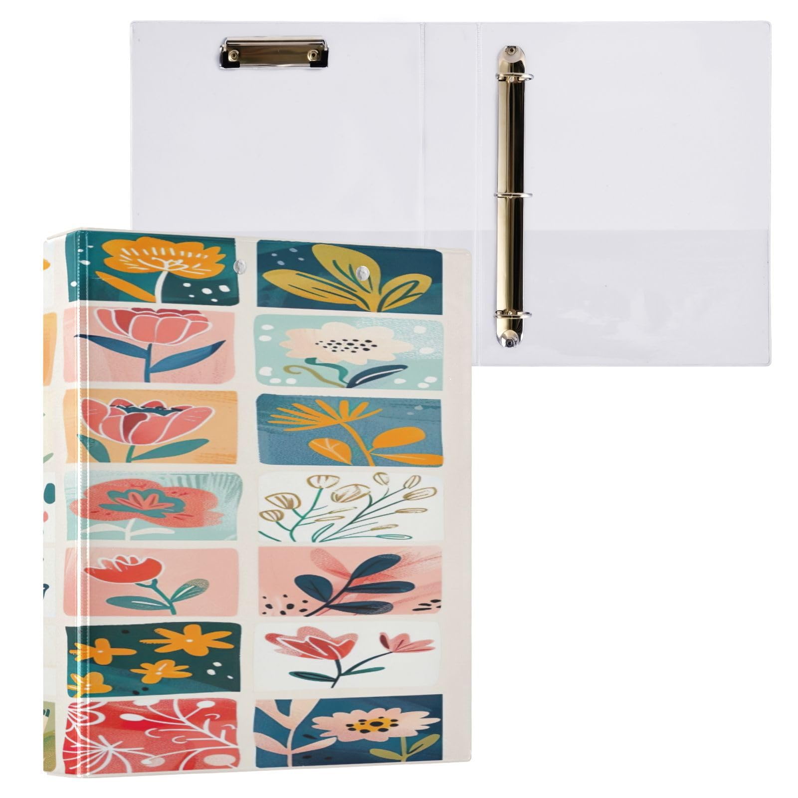 Raccoglitore a 3 anelli, 3,8 cm, illustrazioni floreali colorate, decorativo, rotondo, con clip in metallo, formato lettera, per casa e ufficio, confezione da 2