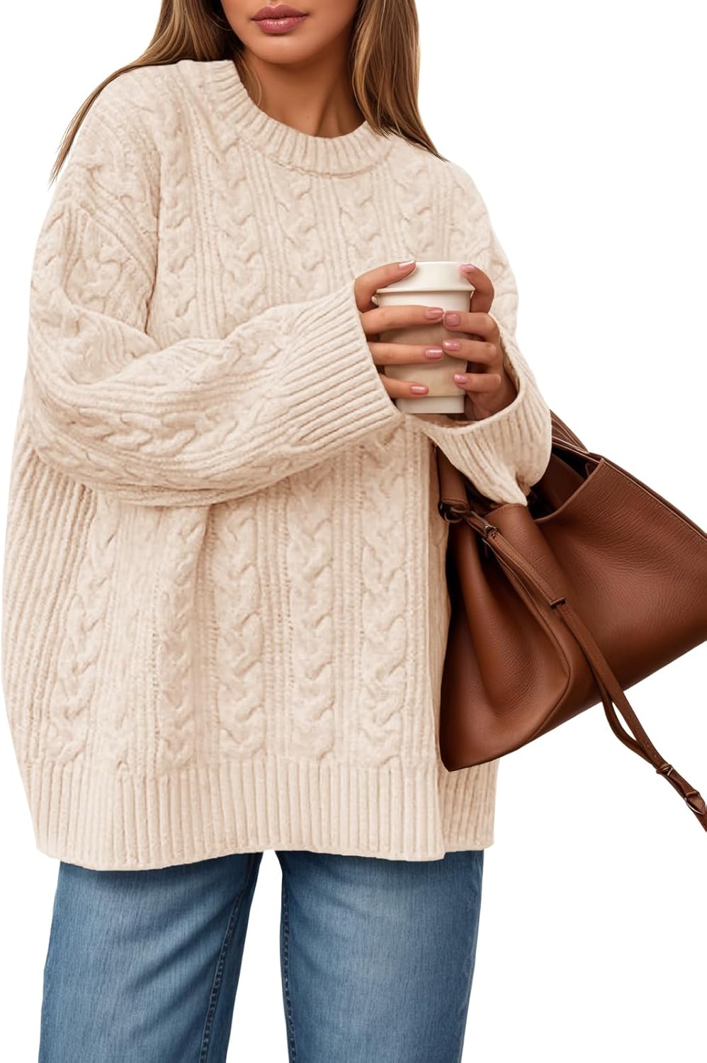 Saodimallsu Womens Cable Knit Sweater Oversized Long Sleeve Chunky Knit Crew Neck Fall Pullover Sweaters Top