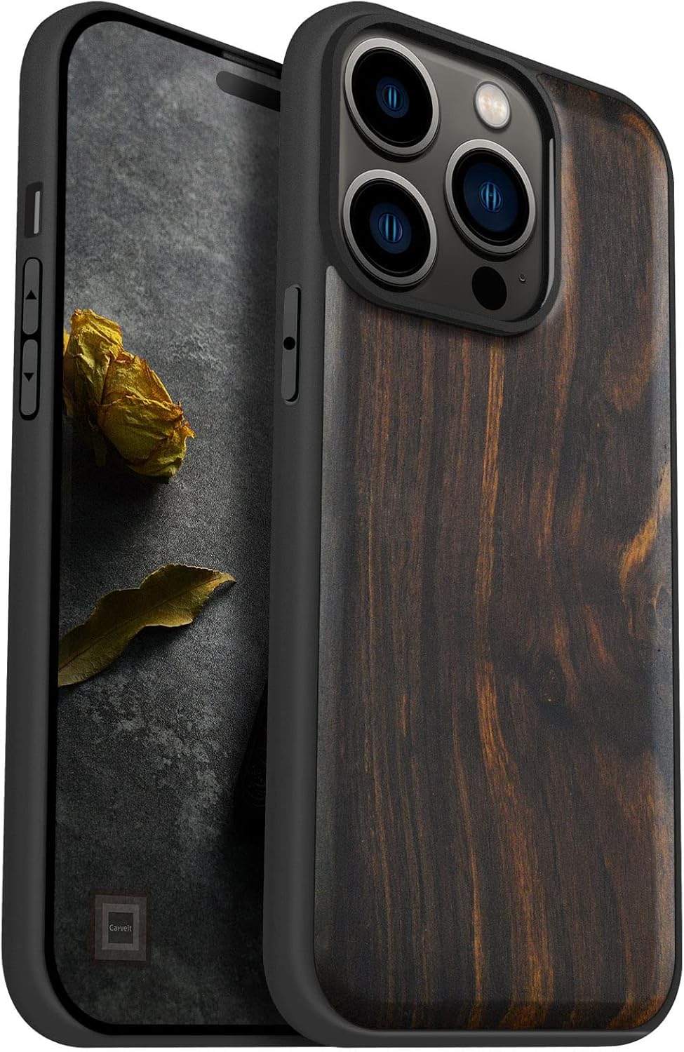 Carveit Magnetic Wood Case for iPhone 14 Pro Case [Natural Wood & Black Soft TPU] Unique & Classy Wooden Shockproof Protective Cover Compatible with magsafe (Blackwood)